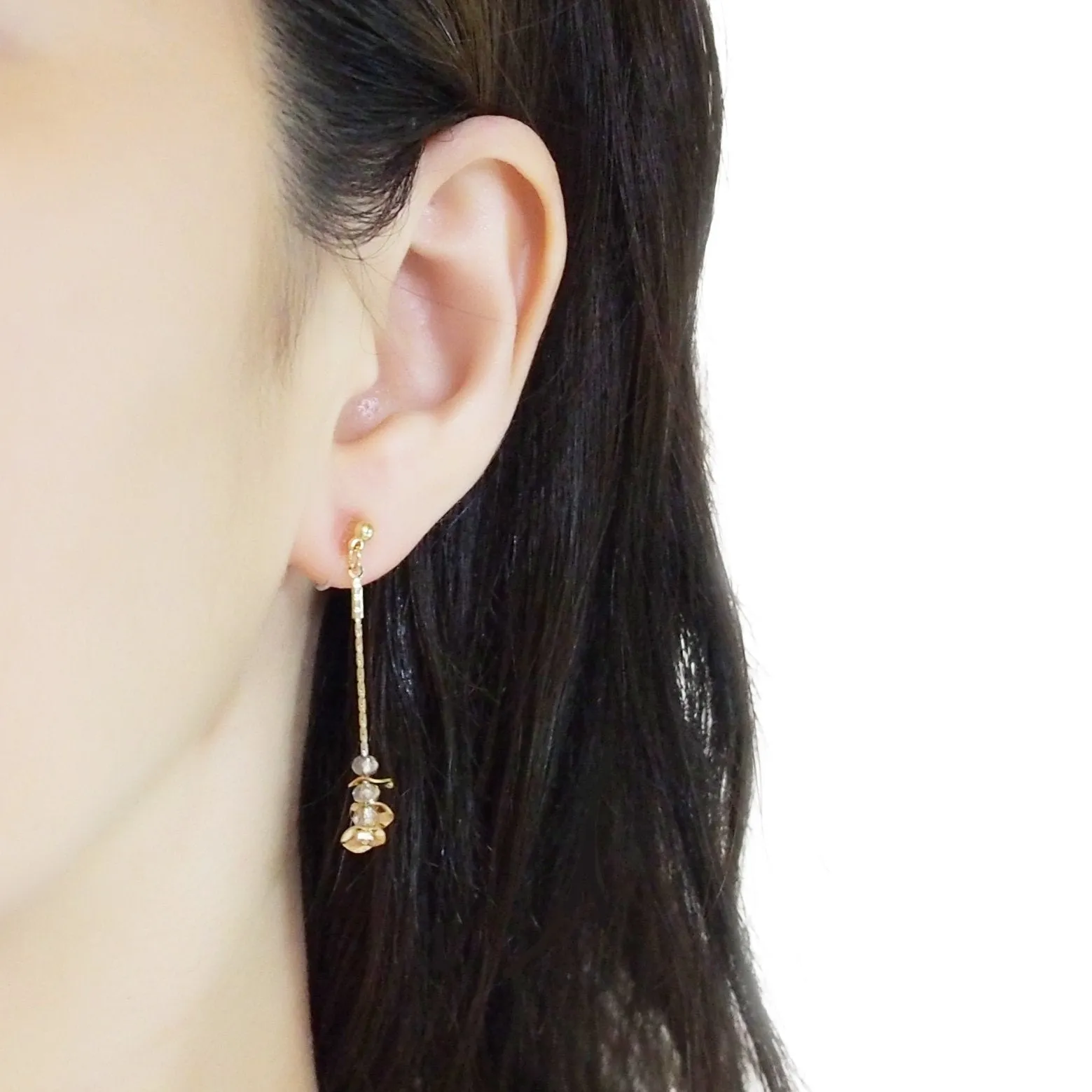 Dangle gray crystal & gold coin invisible clip on earrings