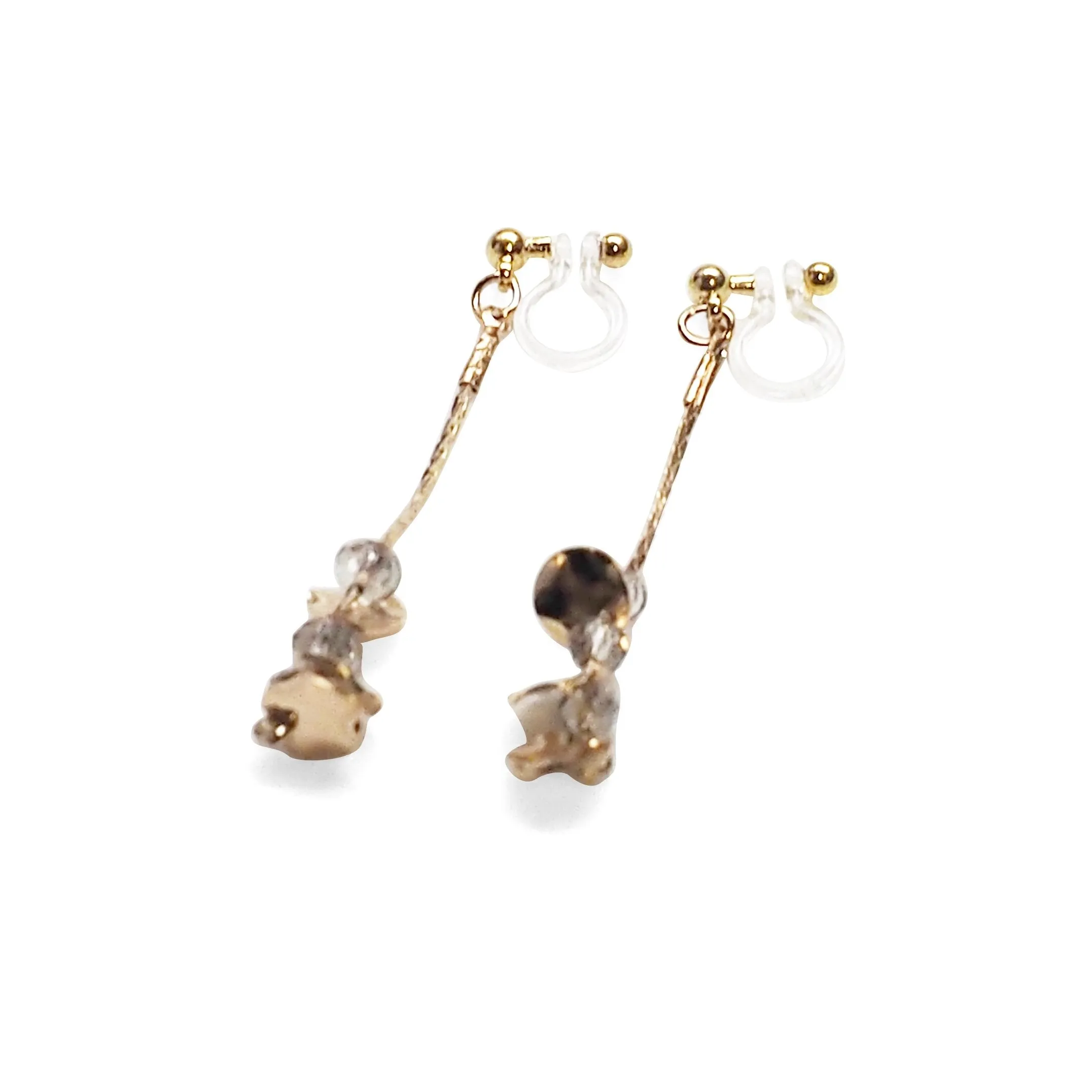 Dangle gray crystal & gold coin invisible clip on earrings