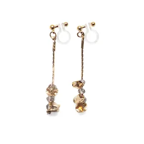 Dangle gray crystal & gold coin invisible clip on earrings