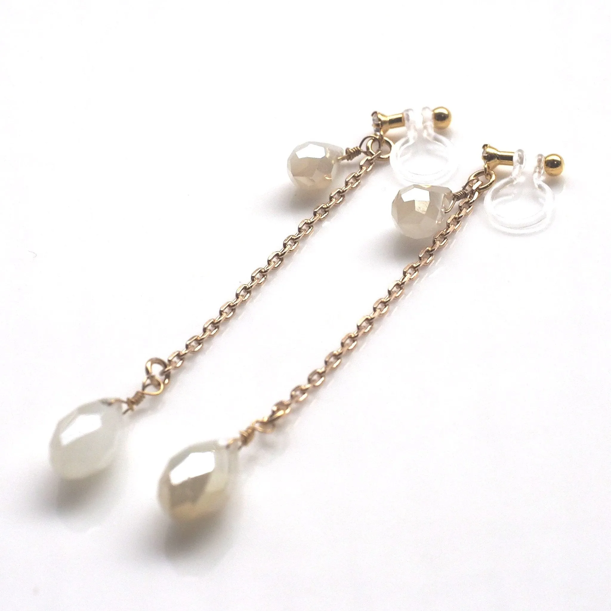 Dangle ivory beads invisible clip on earrings