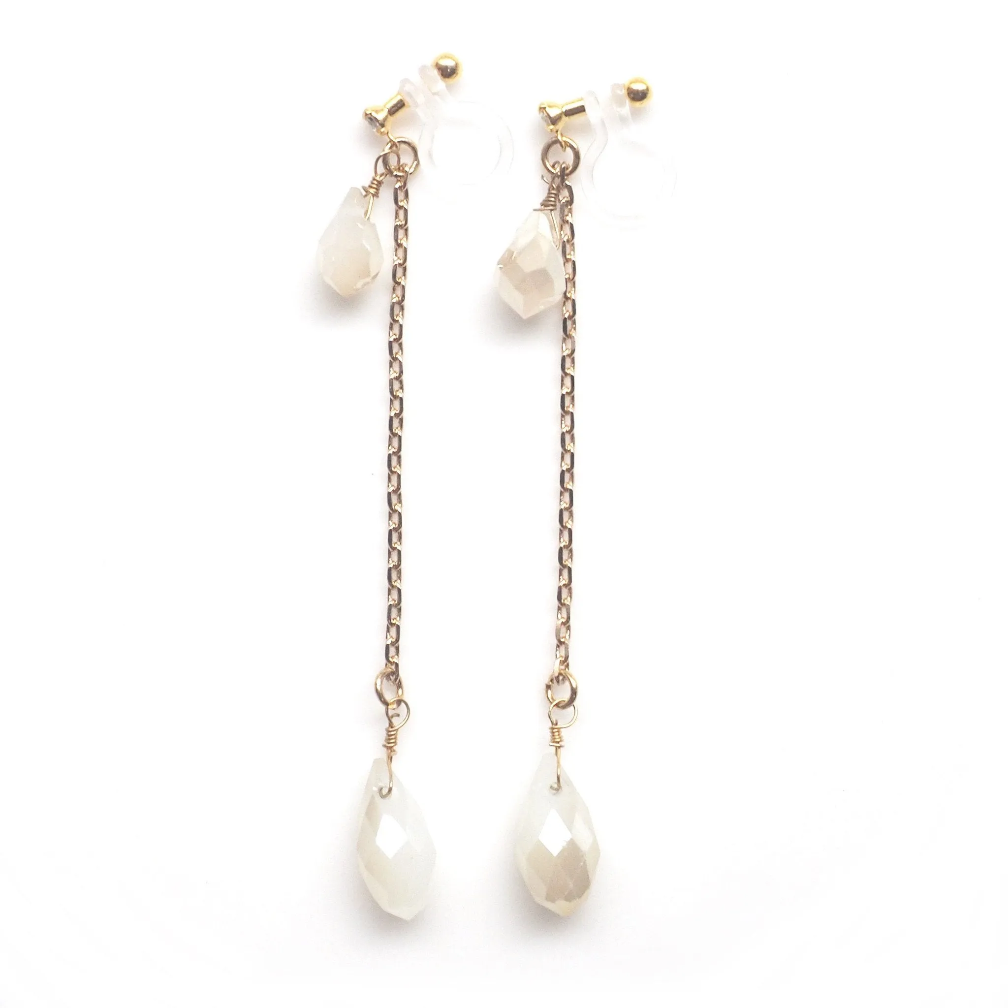 Dangle ivory beads invisible clip on earrings