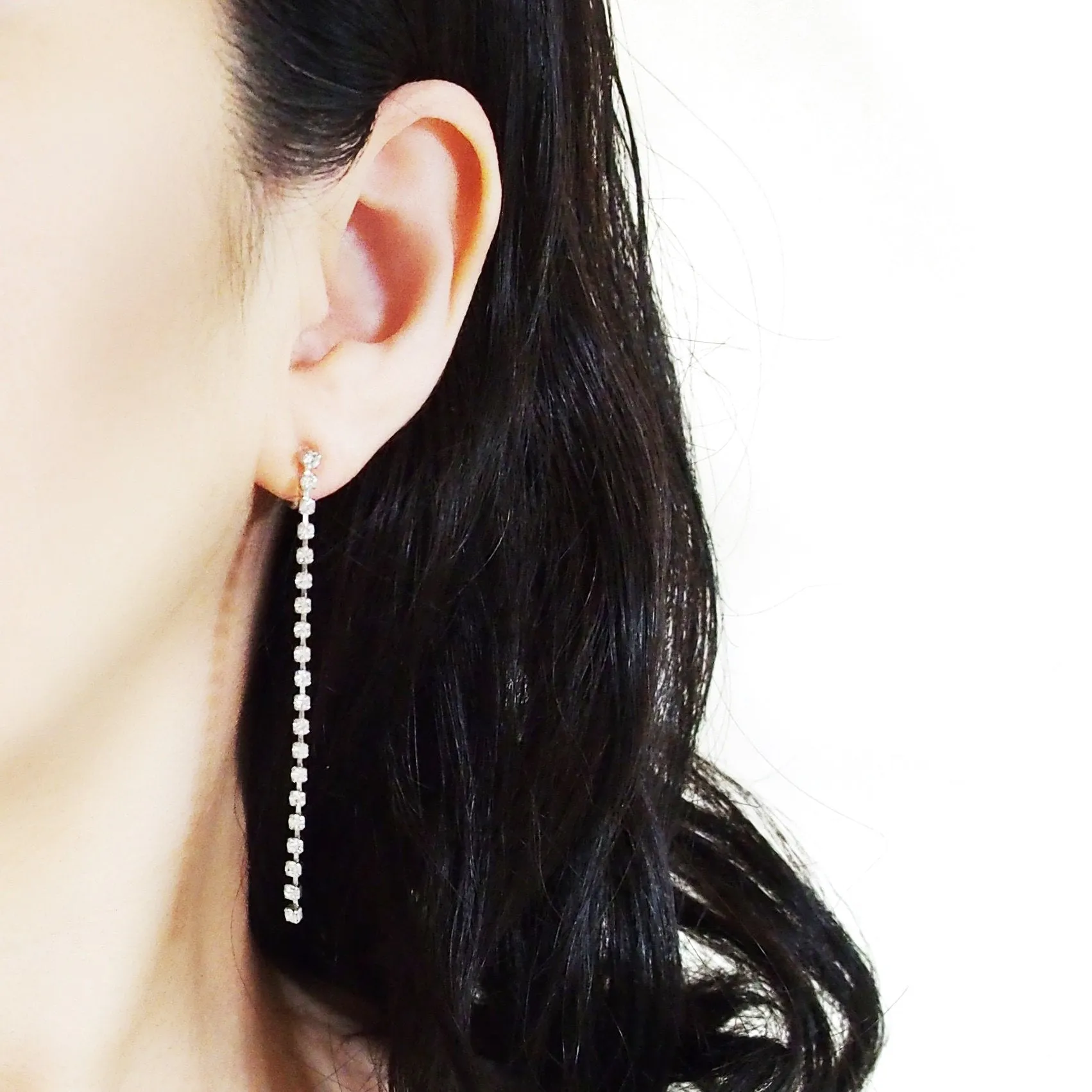 Dangle Long Crystal Chain Invisible Clip On Earrings