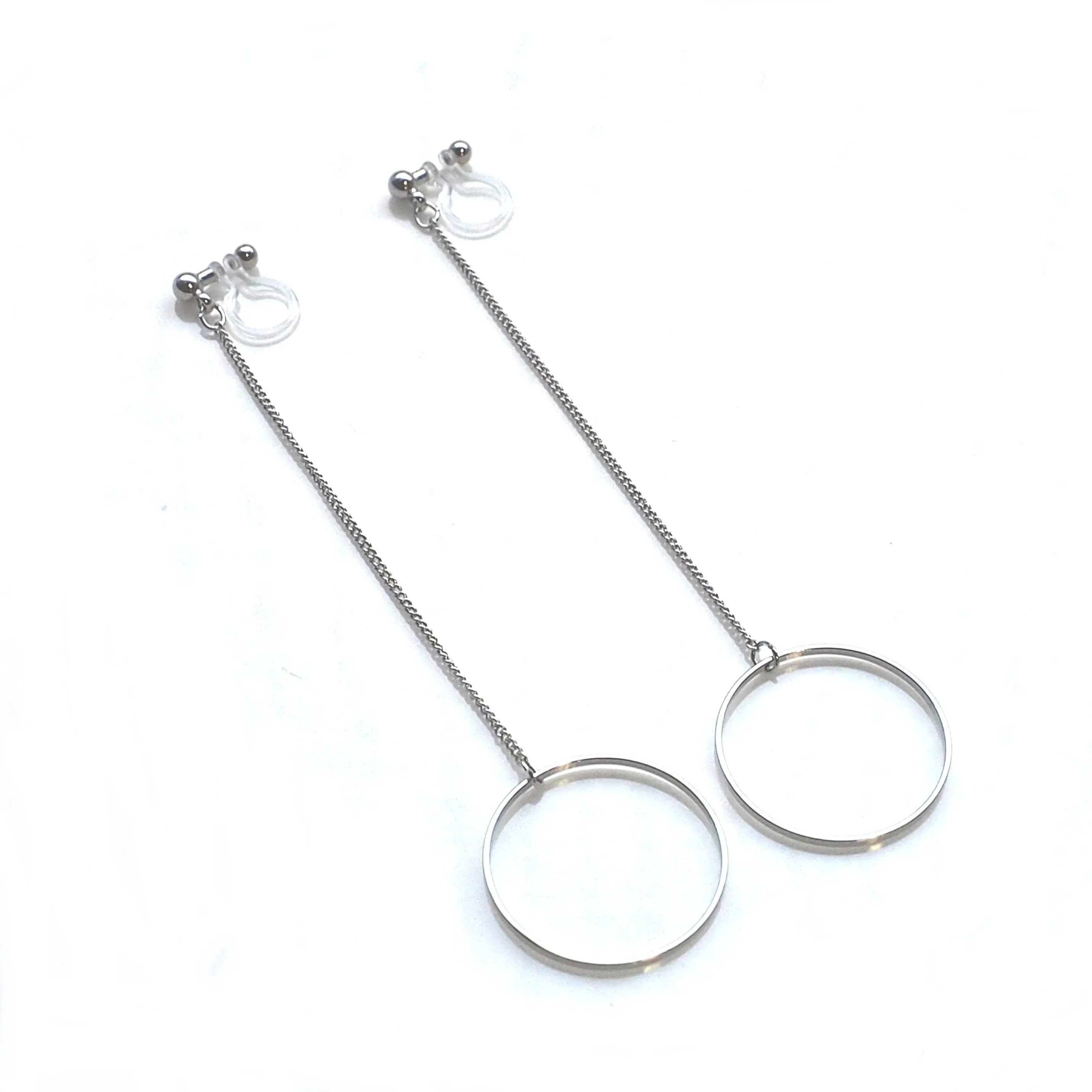Dangle long silver hoop invisible clip on earrings