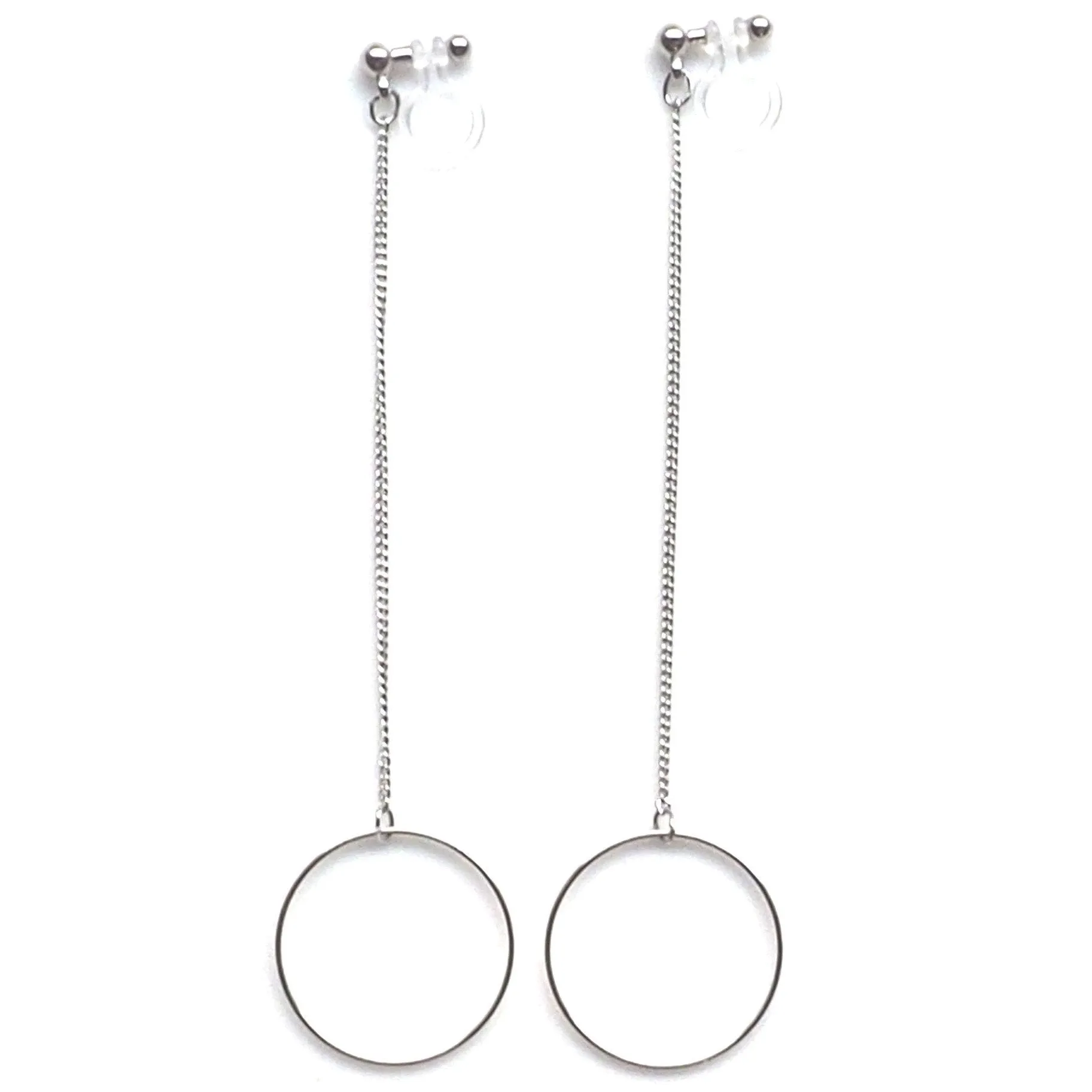 Dangle long silver hoop invisible clip on earrings