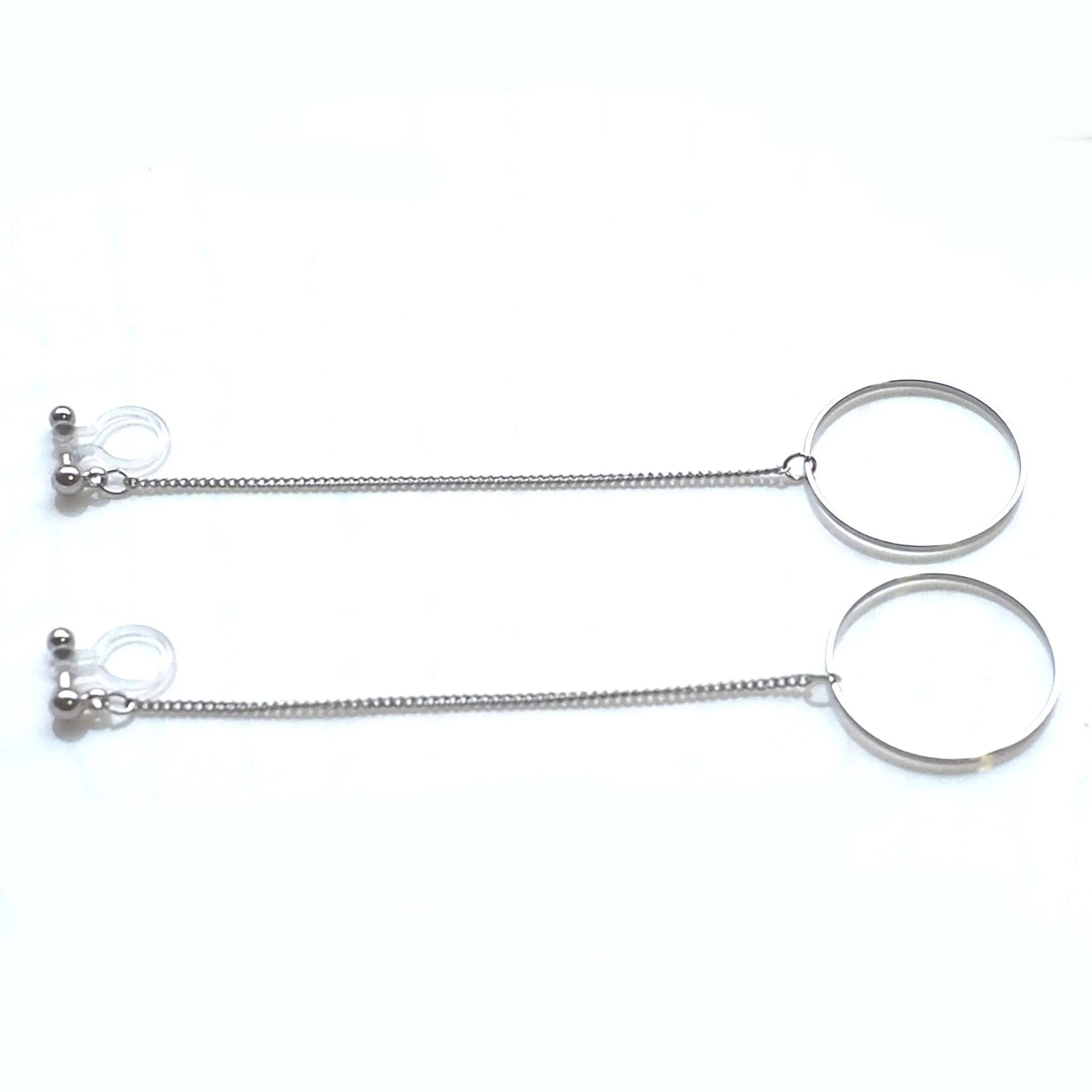 Dangle long silver hoop invisible clip on earrings