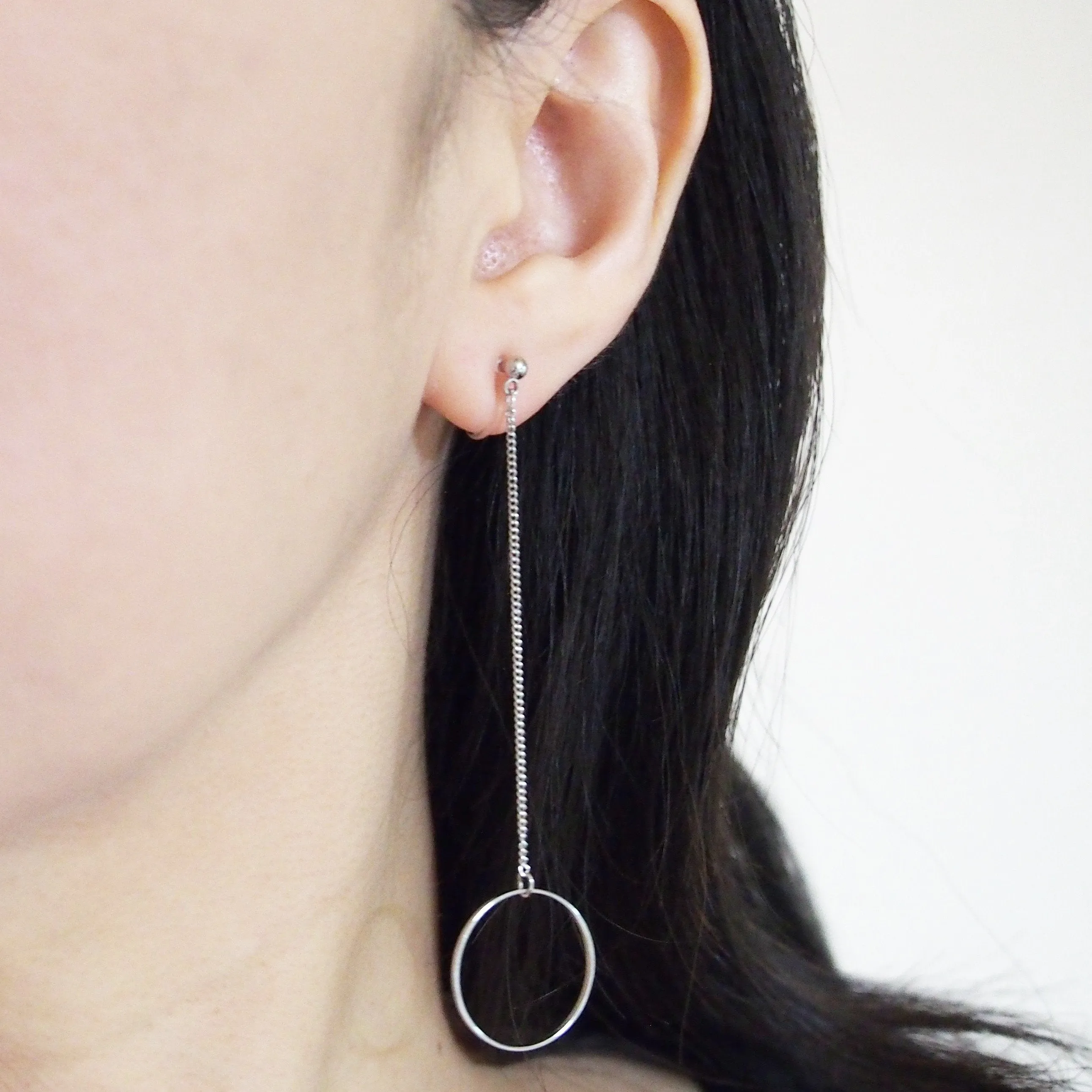 Dangle long silver hoop invisible clip on earrings