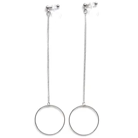 Dangle long silver hoop invisible clip on earrings
