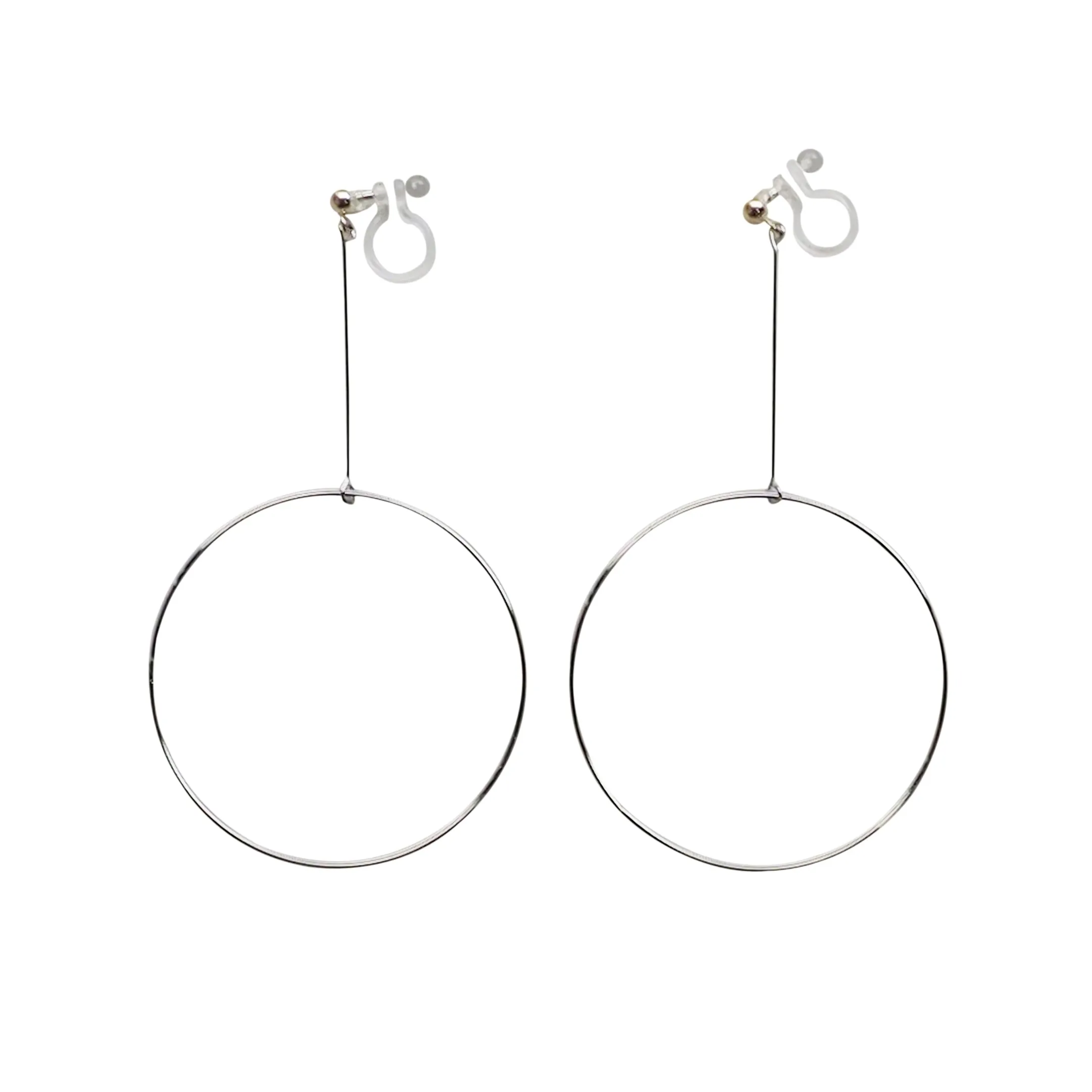 Dangle Silver Circle Hoop Invisible Clip On Earrings