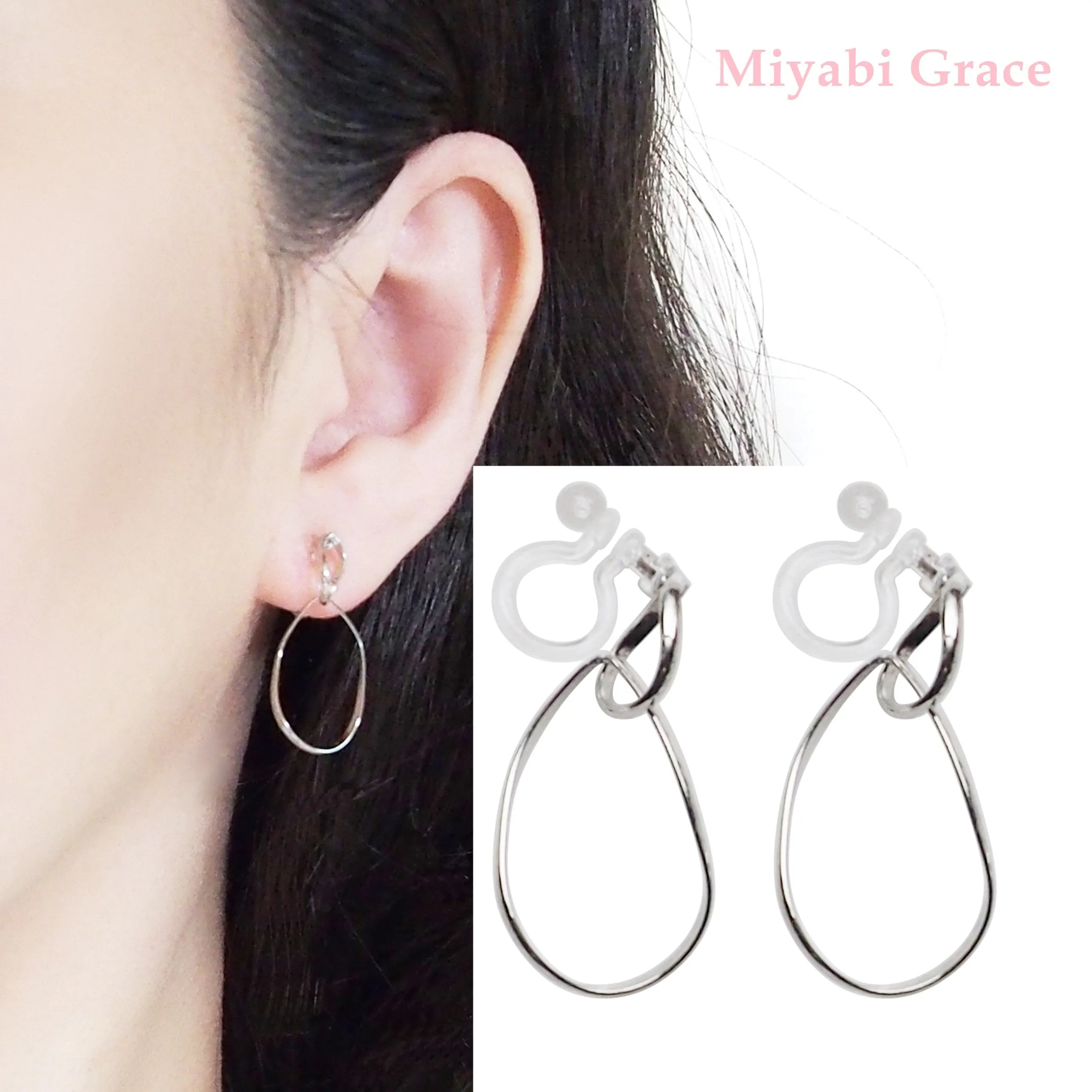 Dangle Silver Distorted Teardrop Hoop Invisible Clip On Earrings