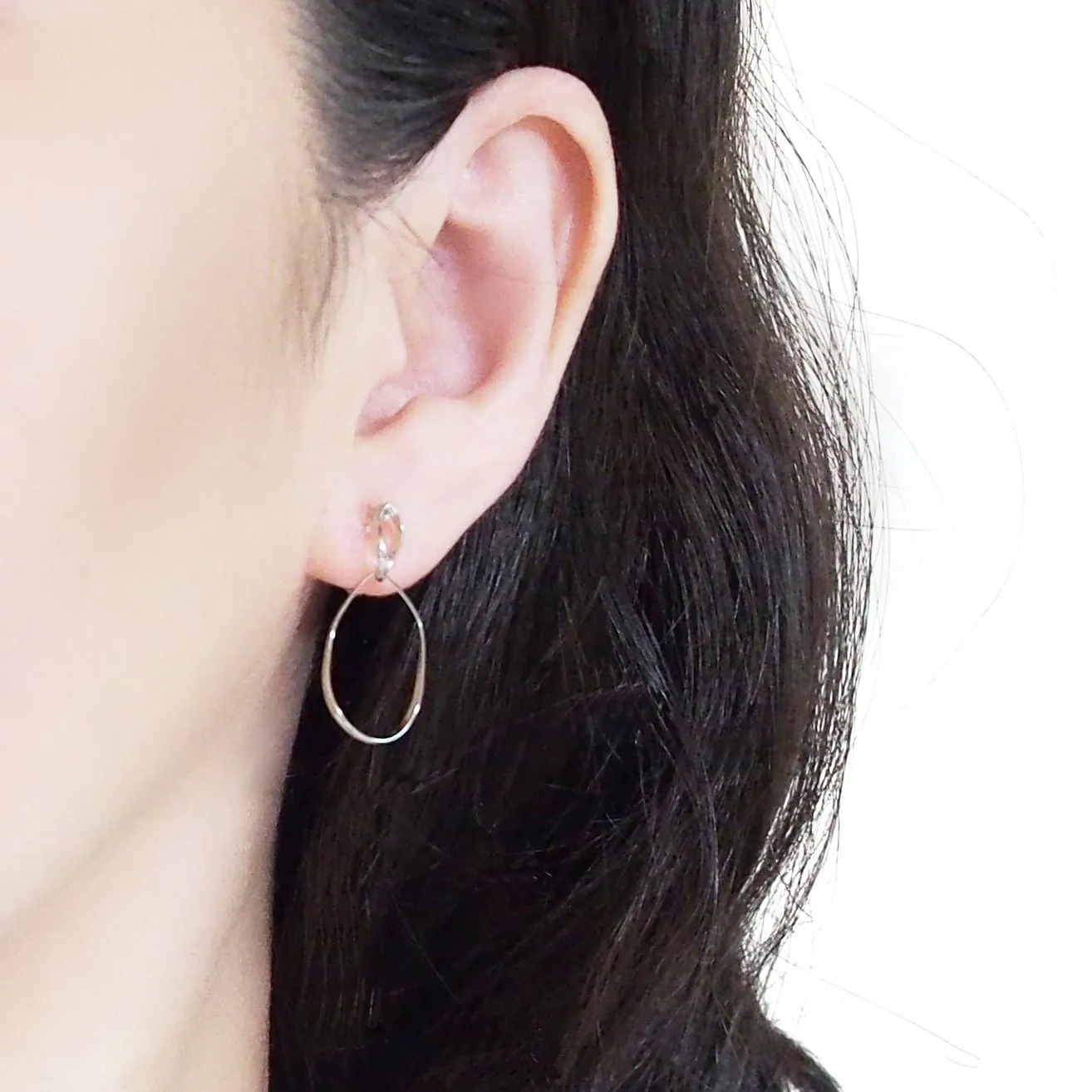 Dangle Silver Distorted Teardrop Hoop Invisible Clip On Earrings