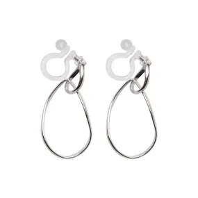 Dangle Silver Distorted Teardrop Hoop Invisible Clip On Earrings