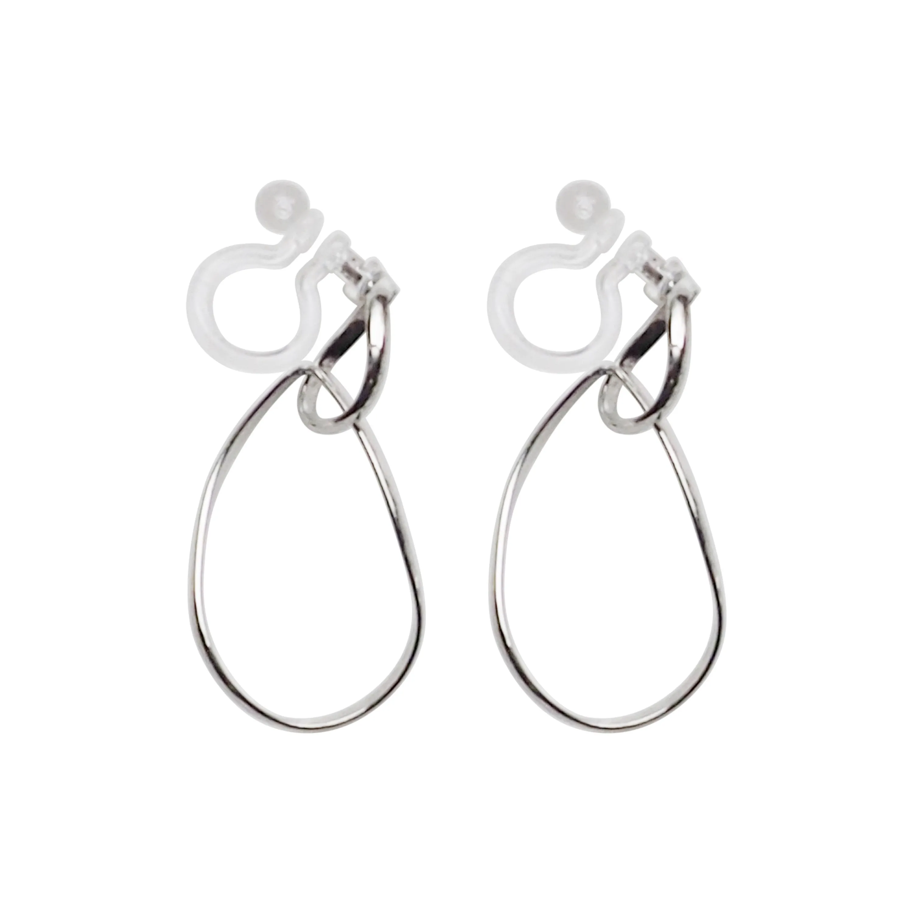 Dangle Silver Distorted Teardrop Hoop Invisible Clip On Earrings