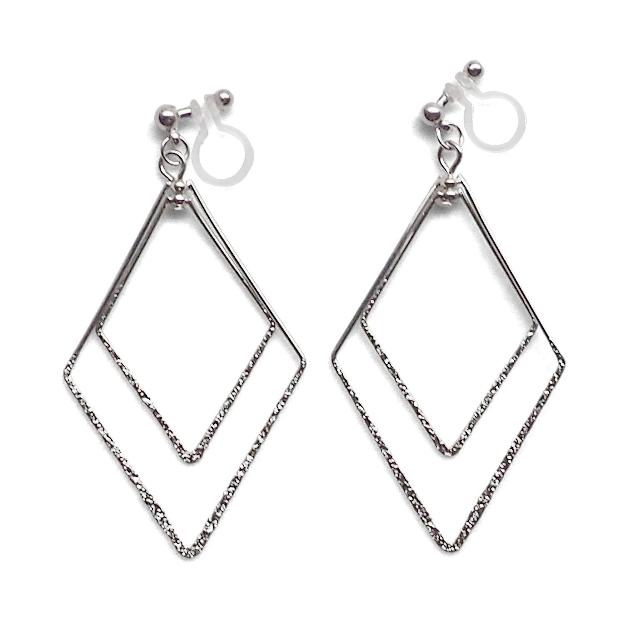 Dangle Silver Double Diamond Hoop Invisible Clip on Earrings