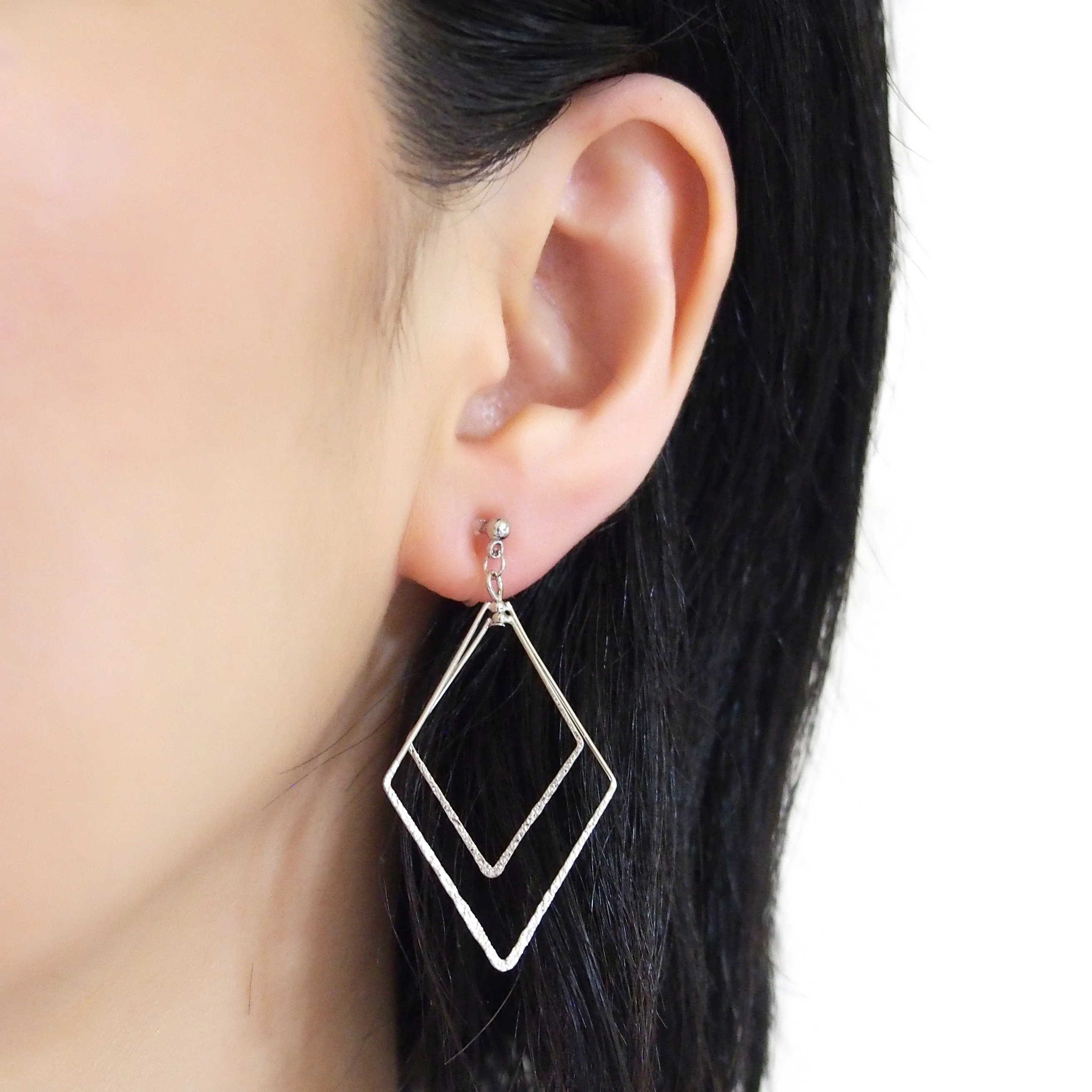 Dangle Silver Double Diamond Hoop Invisible Clip on Earrings