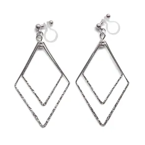Dangle Silver Double Diamond Hoop Invisible Clip on Earrings
