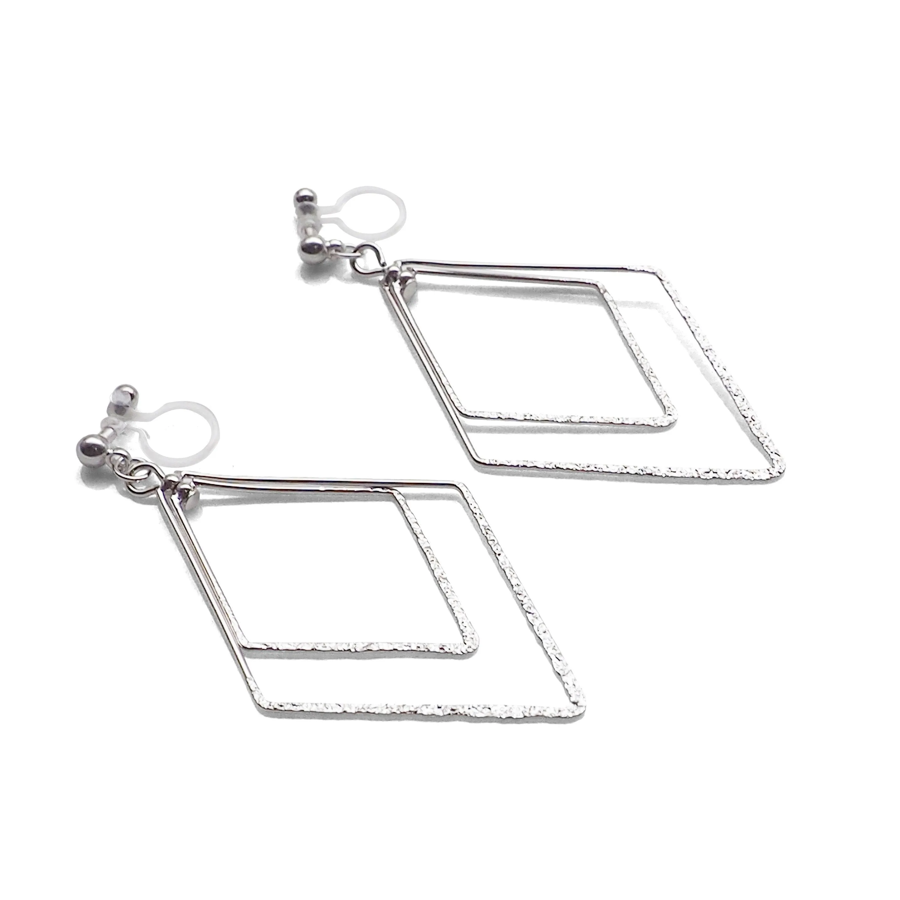 Dangle Silver Double Diamond Hoop Invisible Clip on Earrings