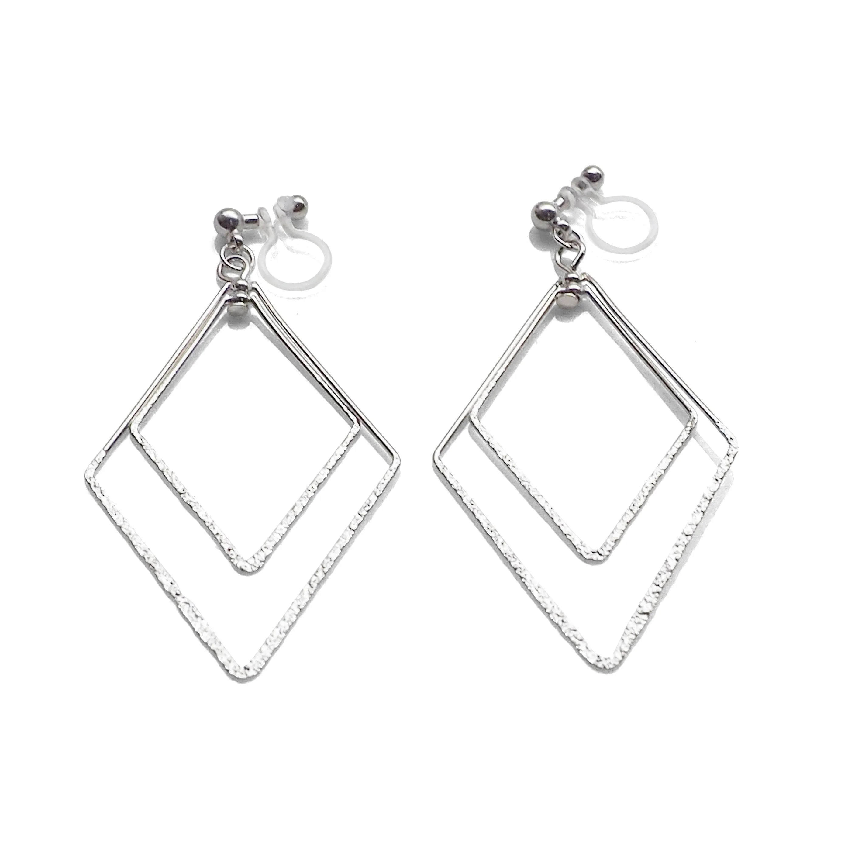 Dangle Silver Double Diamond Hoop Invisible Clip on Earrings