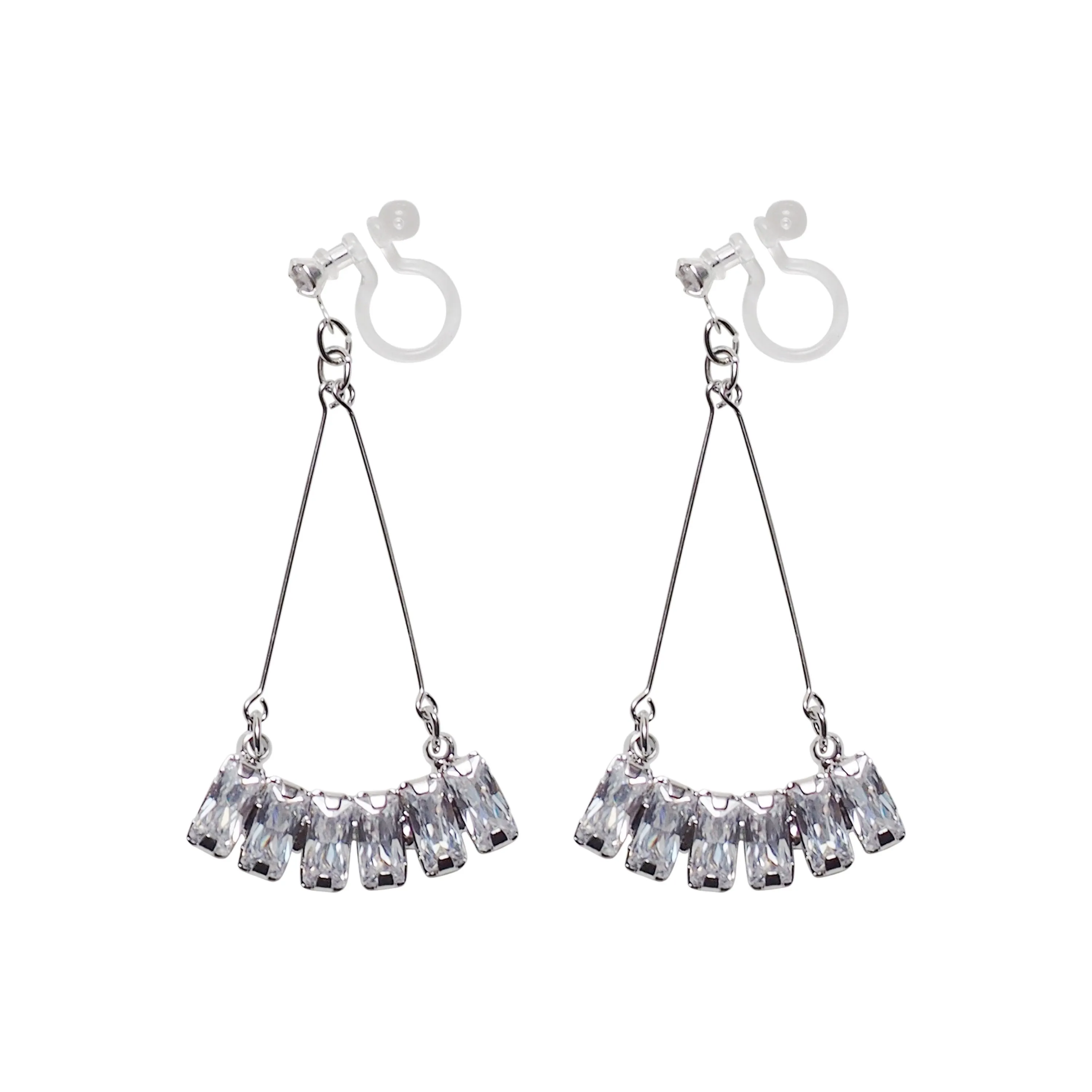 Dangle Silver Fringe Rihnestone Crystal Invisible Clip On Earrings
