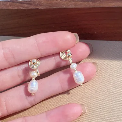 Dangle Two Freshwater Pearls Gold Coil Clip On Earrings