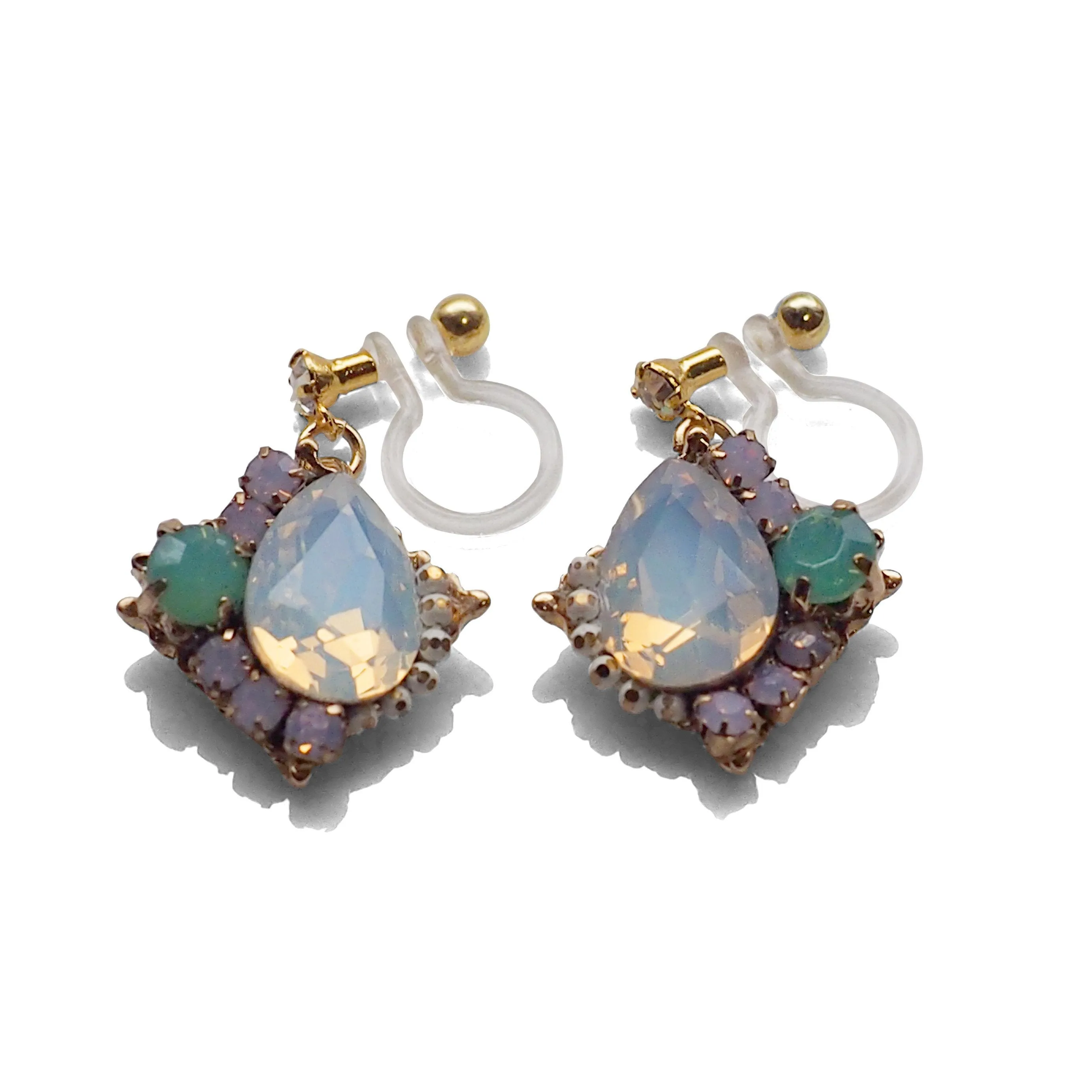 Dangle White Opal Rhinestone Crystal Invisible Clip on Earrings