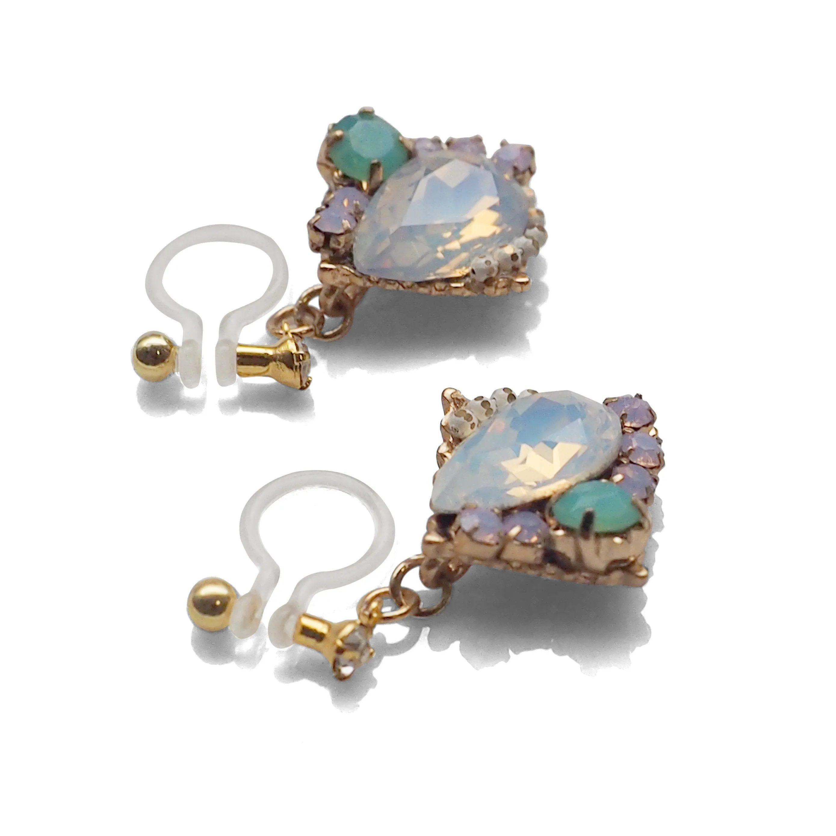 Dangle White Opal Rhinestone Crystal Invisible Clip on Earrings