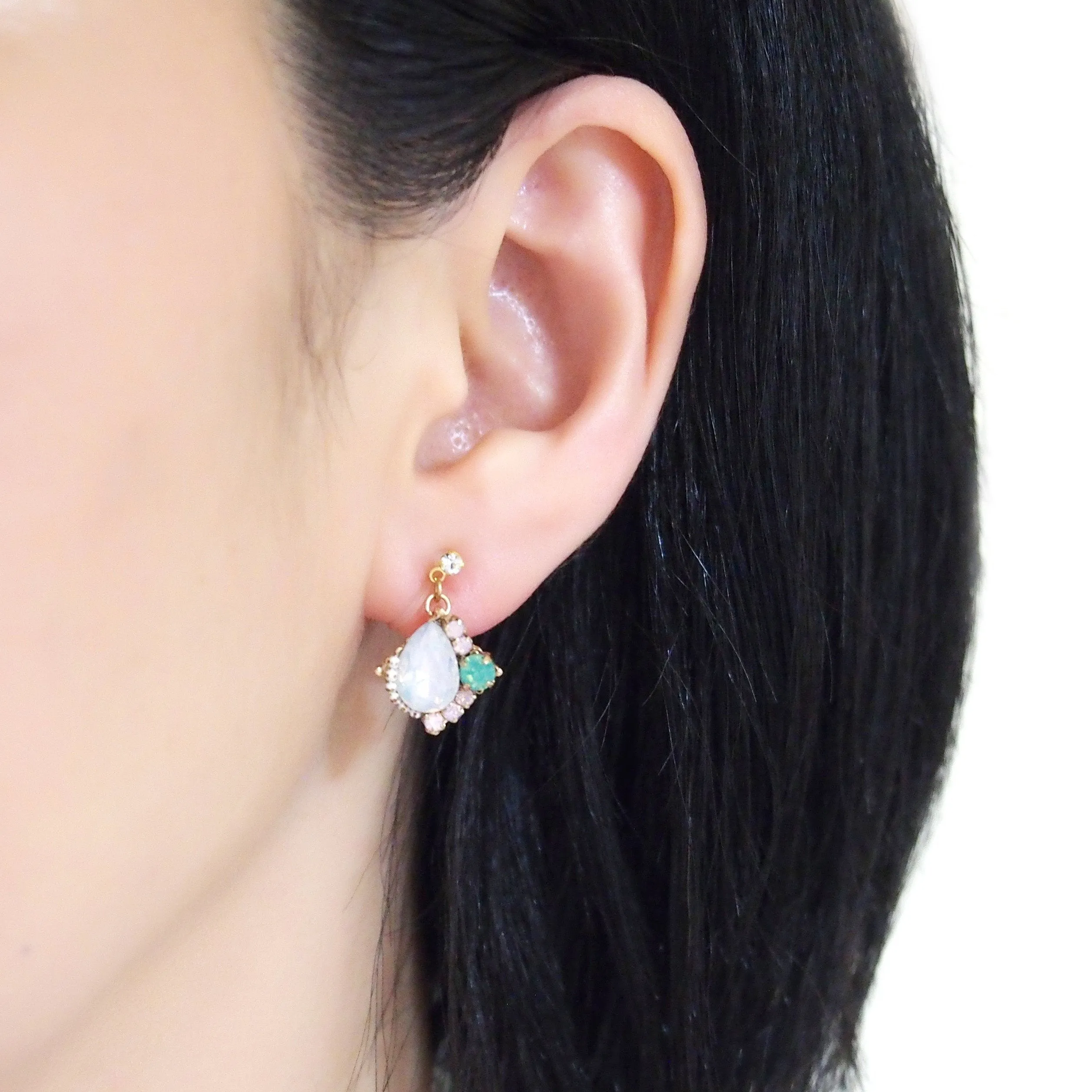 Dangle White Opal Rhinestone Crystal Invisible Clip on Earrings