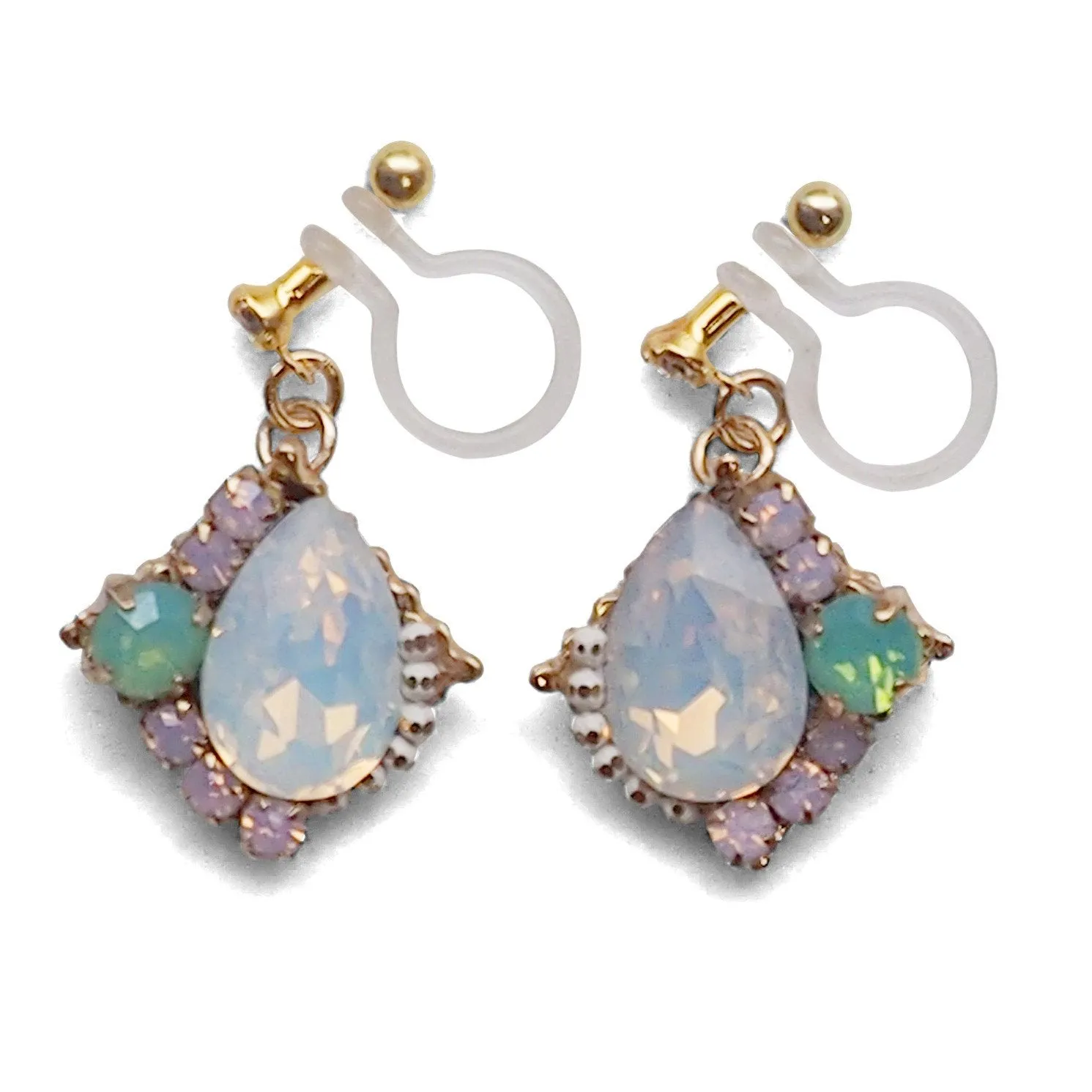 Dangle White Opal Rhinestone Crystal Invisible Clip on Earrings