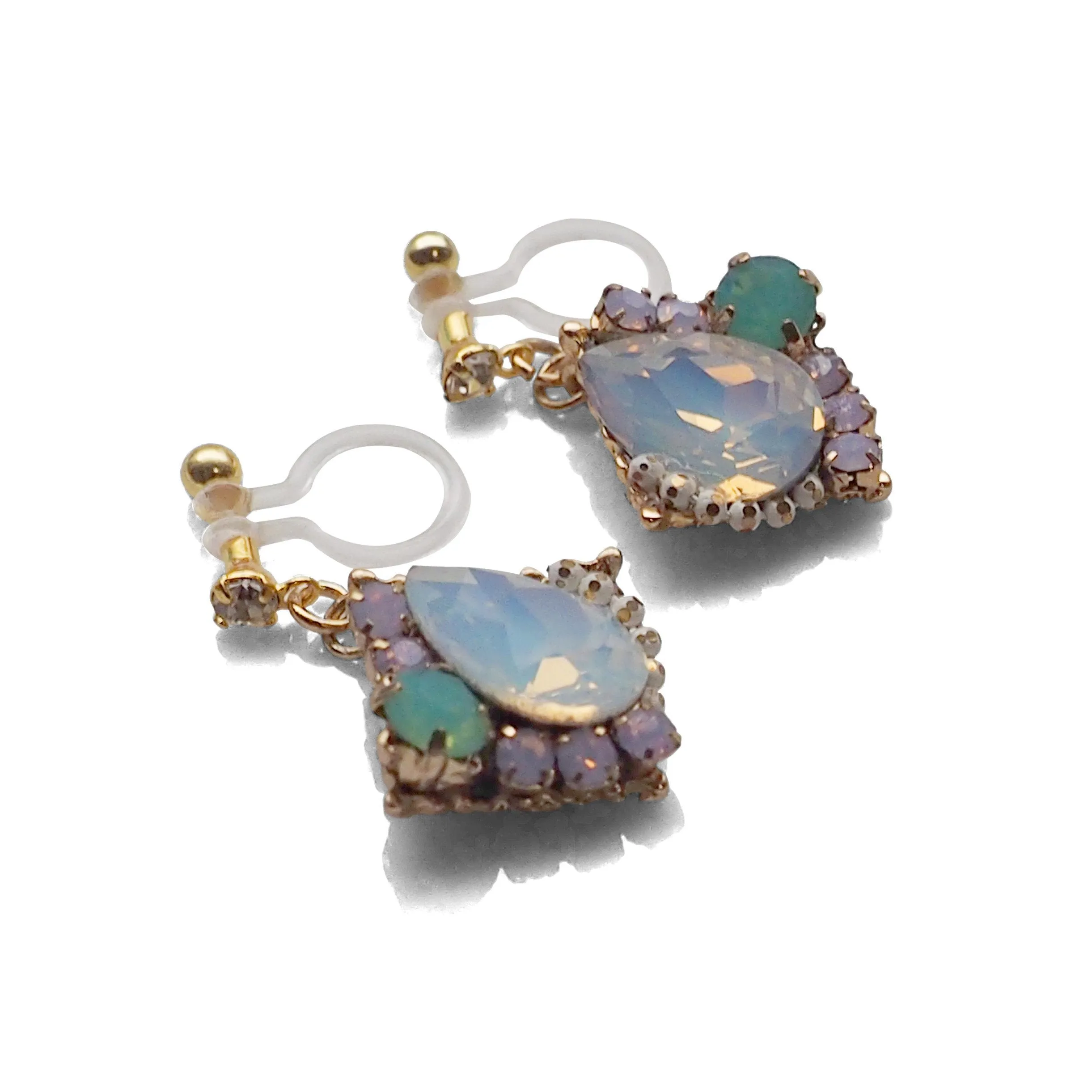 Dangle White Opal Rhinestone Crystal Invisible Clip on Earrings