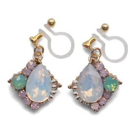 Dangle White Opal Rhinestone Crystal Invisible Clip on Earrings