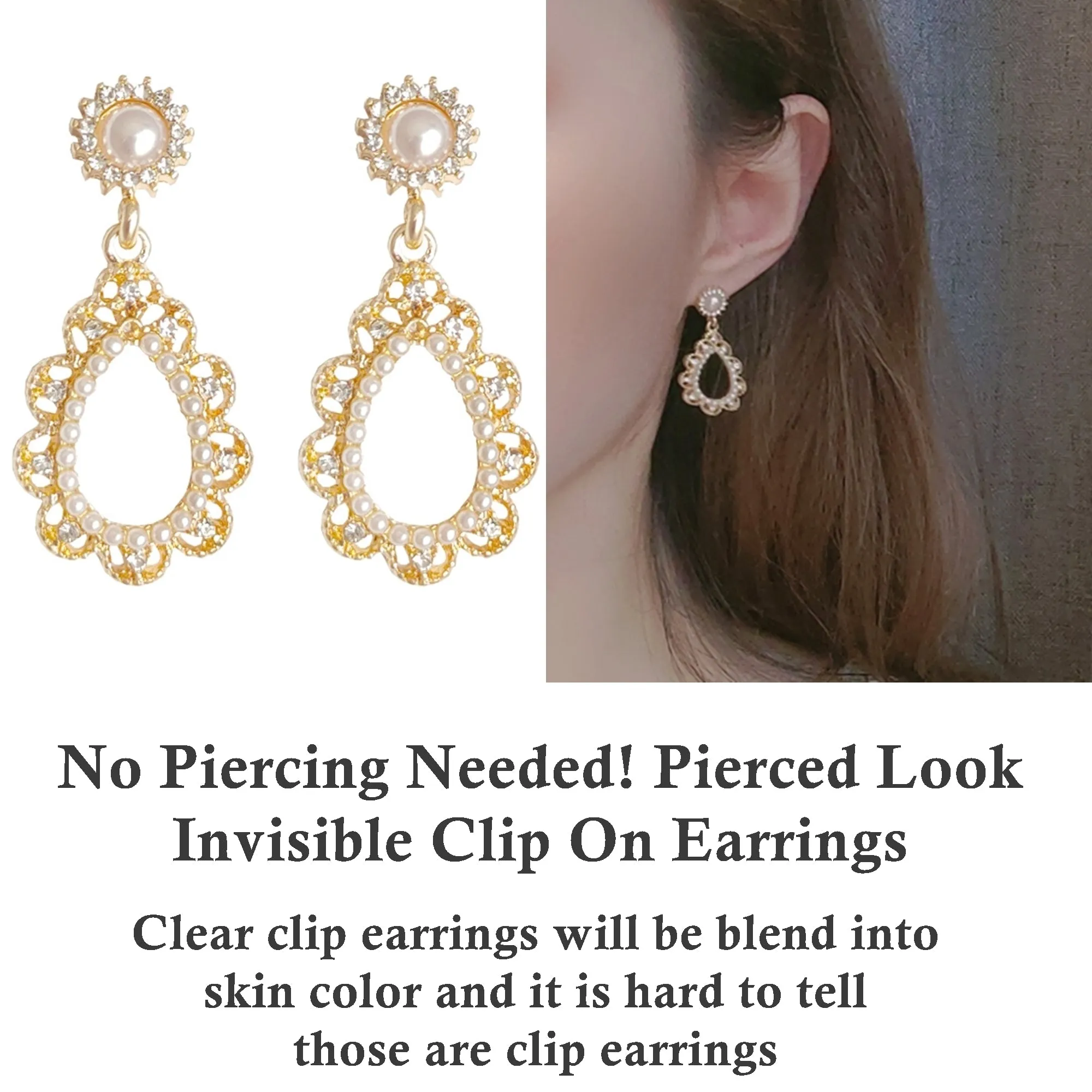 Dangle White Pearl Teardrop Invisible Clip On Earrings