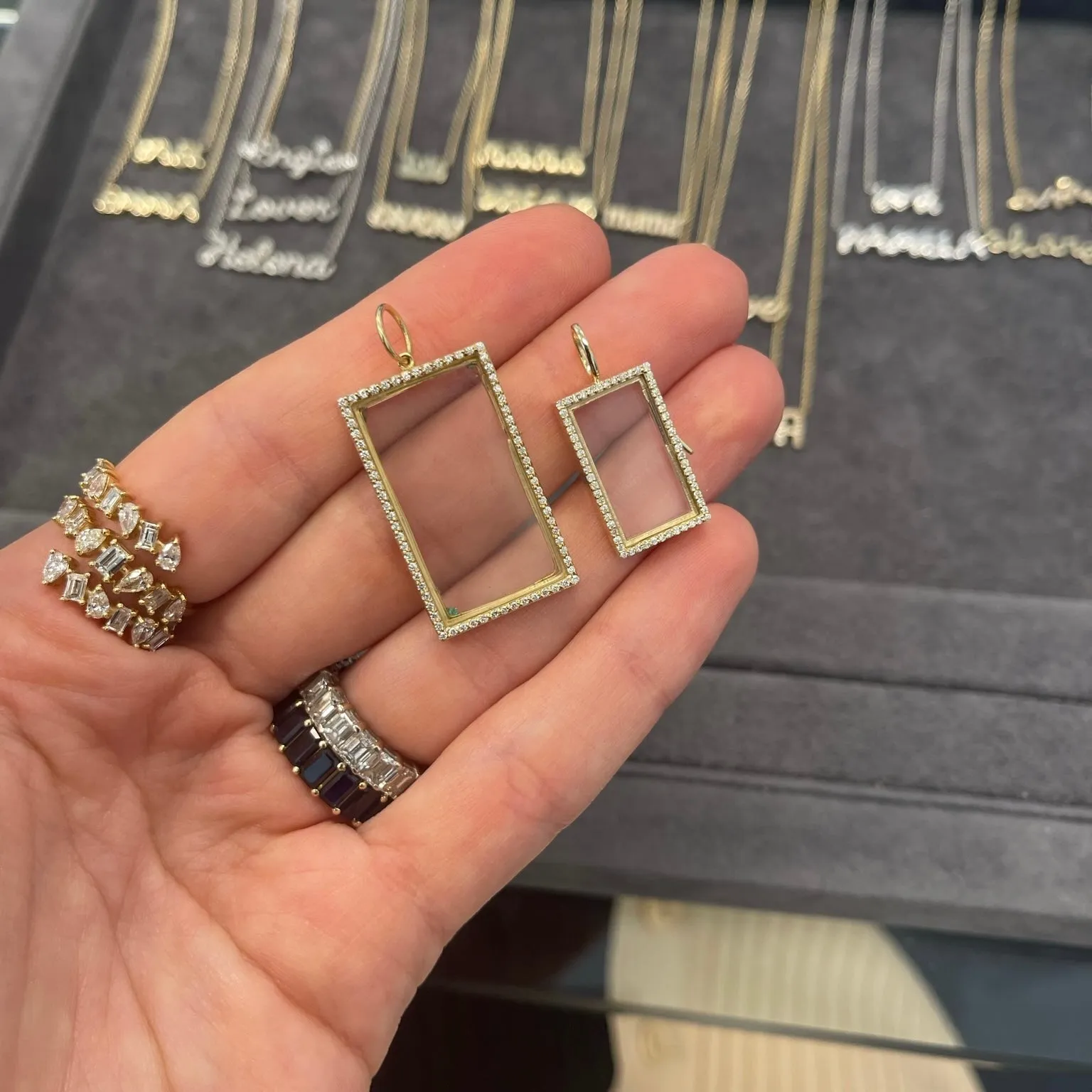 Diamond Rectangle Glass Charm Locket