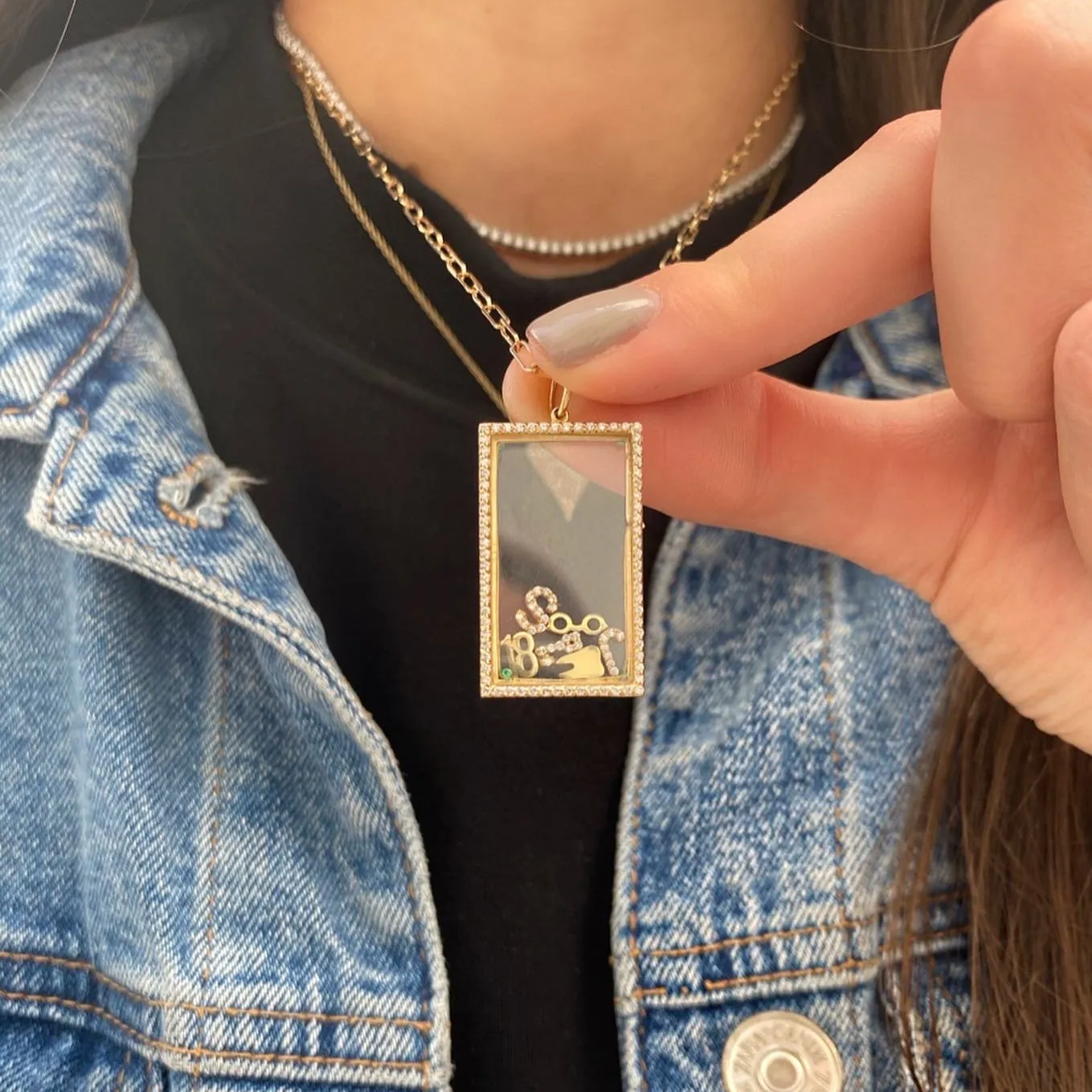 Diamond Rectangle Glass Charm Locket