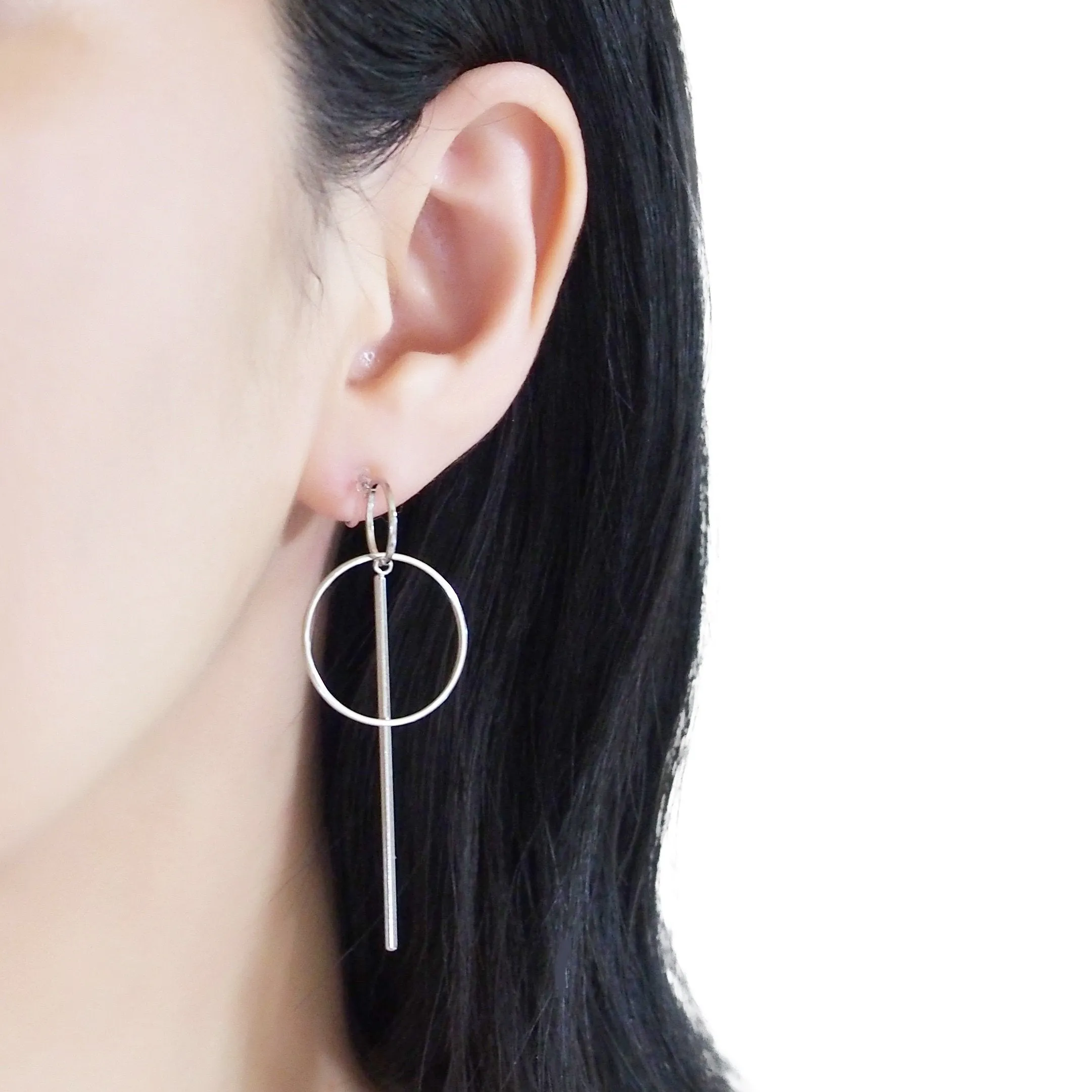 Double hoop with bar invisible clip on stud earrings ( Silver tone )