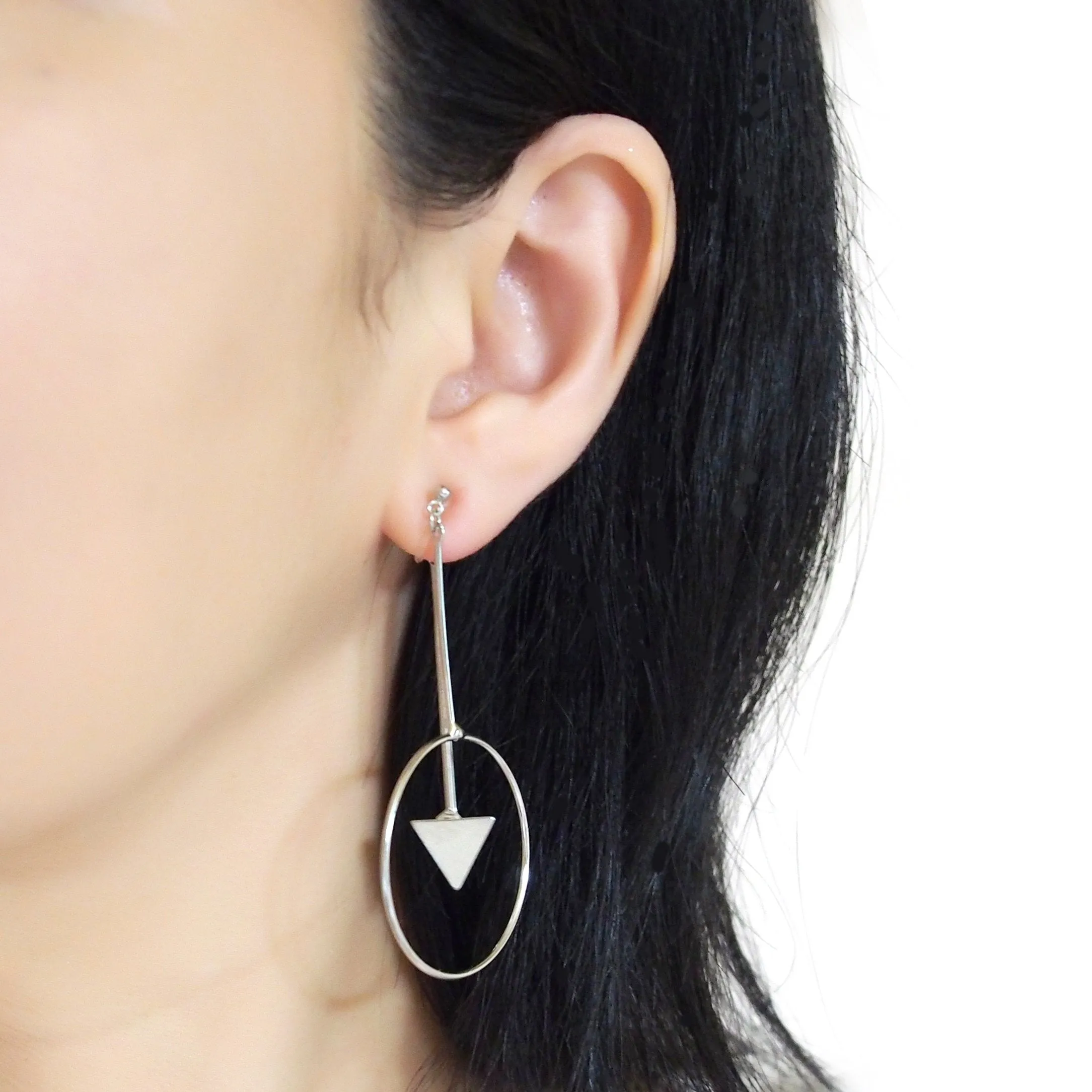 Double Sided Ball and Arrow Bar Clip on Hoop Earrings (Silver tone)