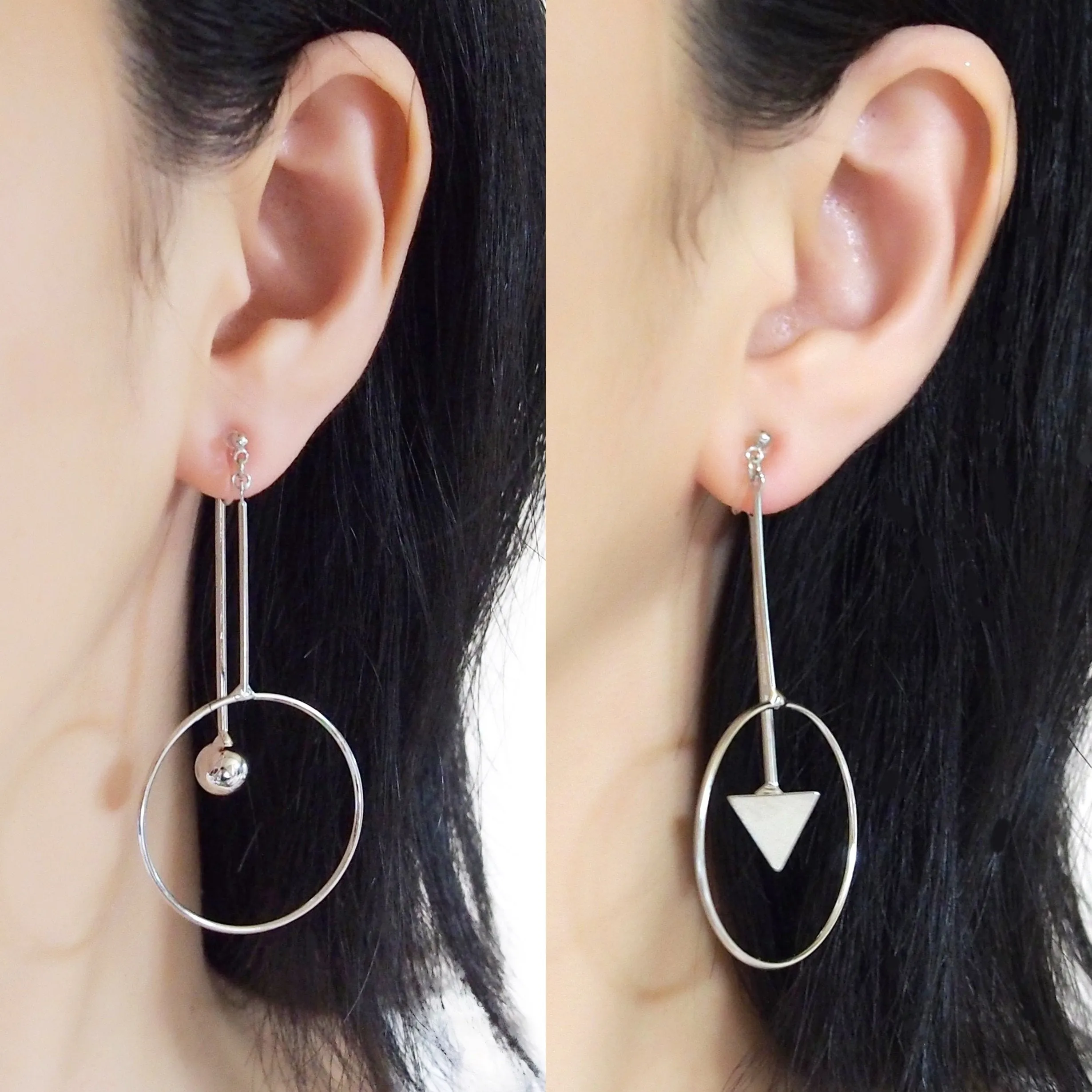 Double Sided Ball and Arrow Bar Clip on Hoop Earrings (Silver tone)