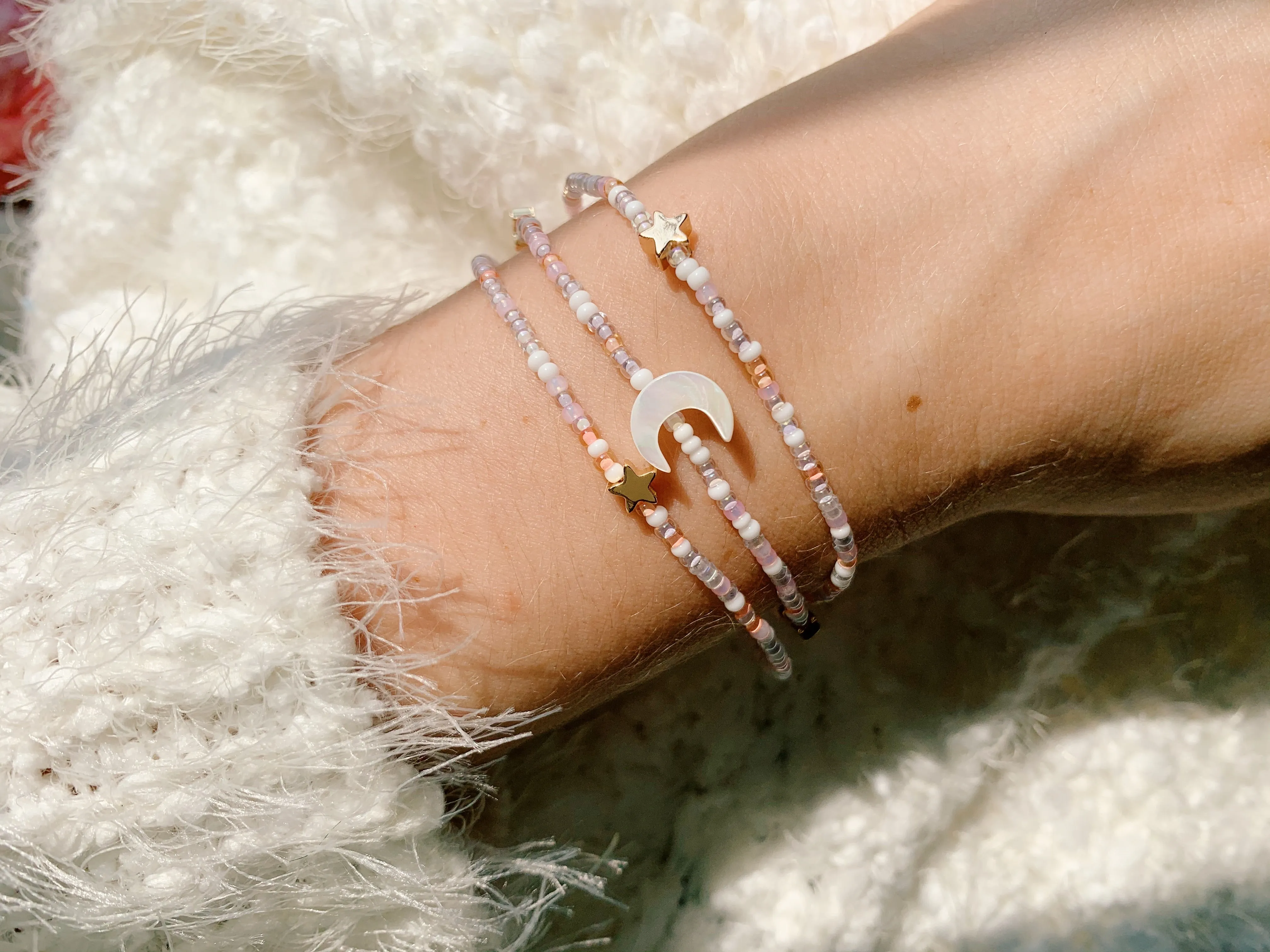 Dream Moon & Stars Seed Beaded Wrap Bracelet