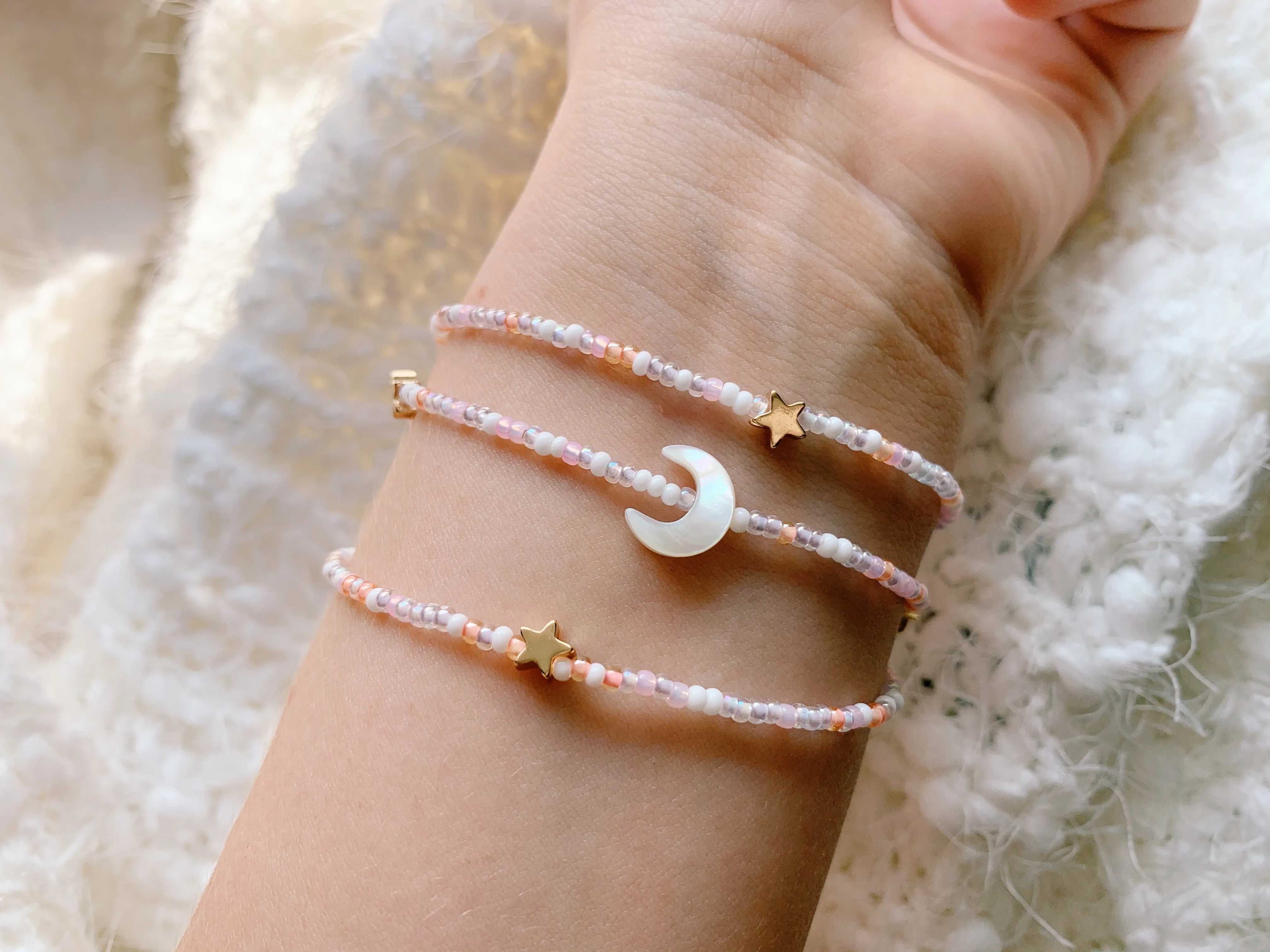 Dream Moon & Stars Seed Beaded Wrap Bracelet
