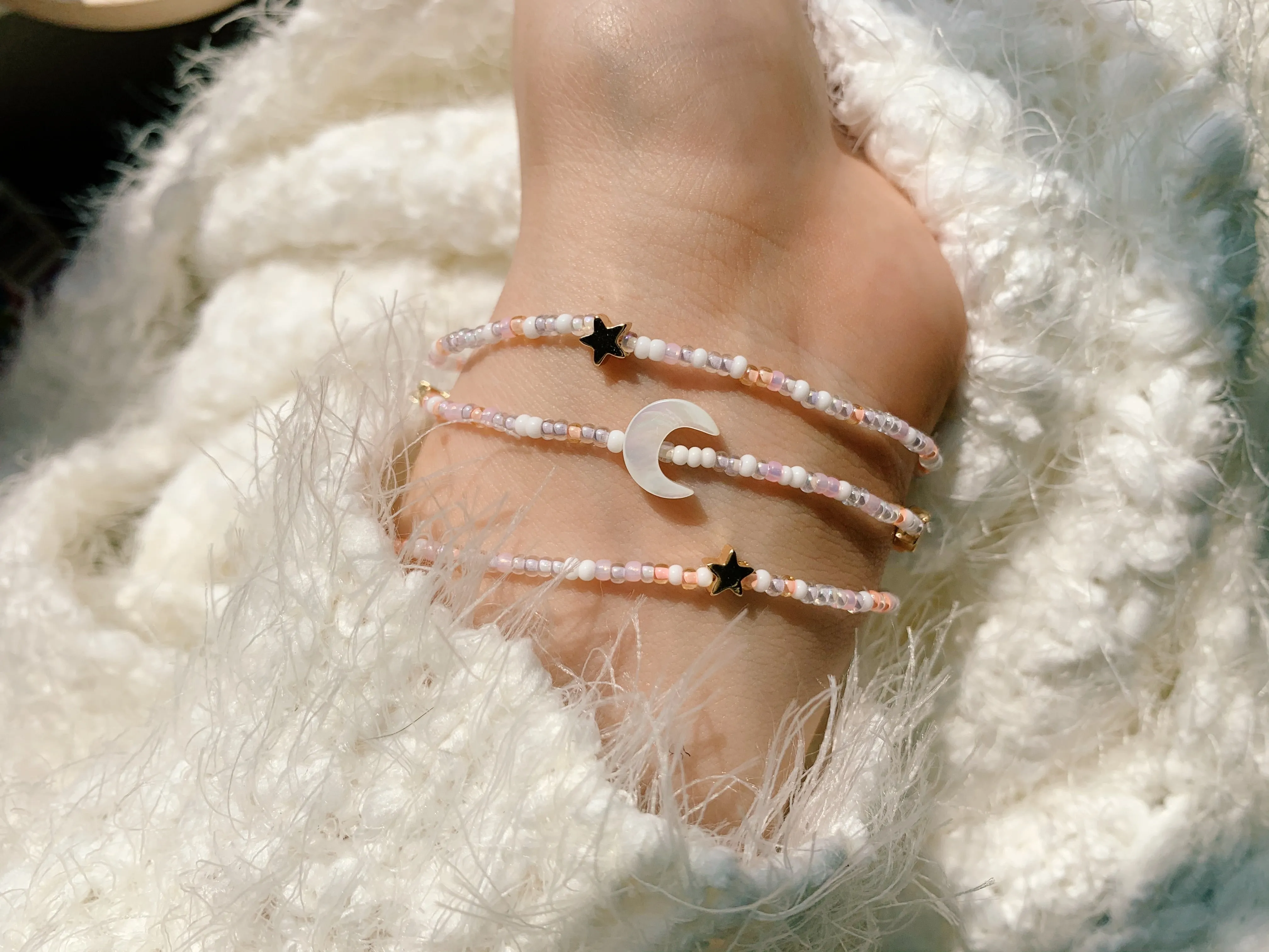 Dream Moon & Stars Seed Beaded Wrap Bracelet