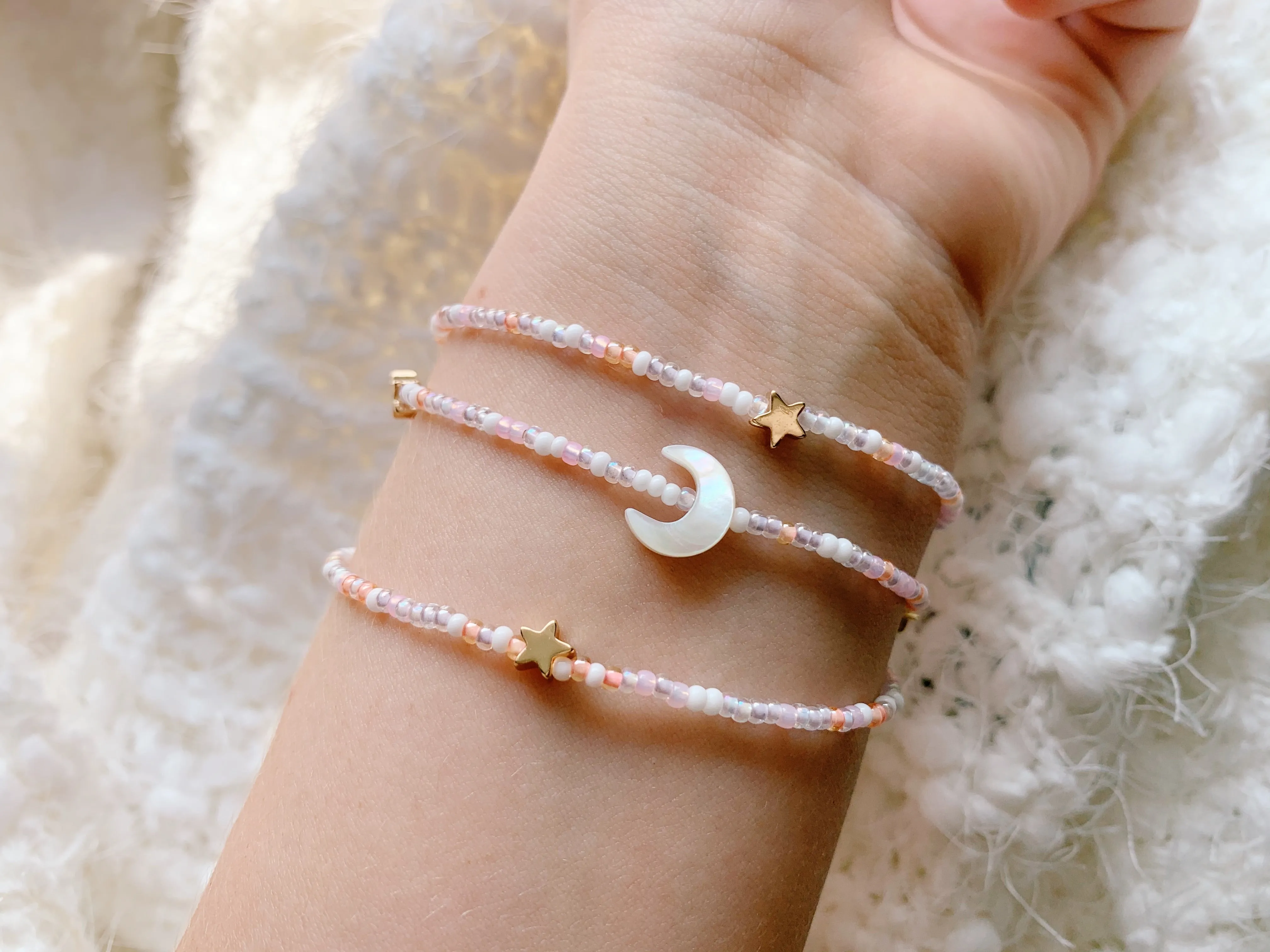 Dream Moon & Stars Seed Beaded Wrap Bracelet