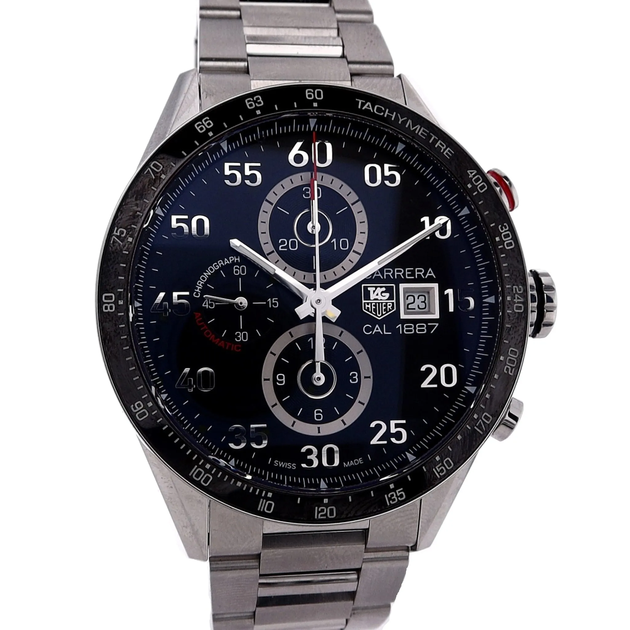 Estate Tag Heuer Carrera Gents Automatic Stainless Steel 43mm Chronograph Black Dial CAR2A10-2