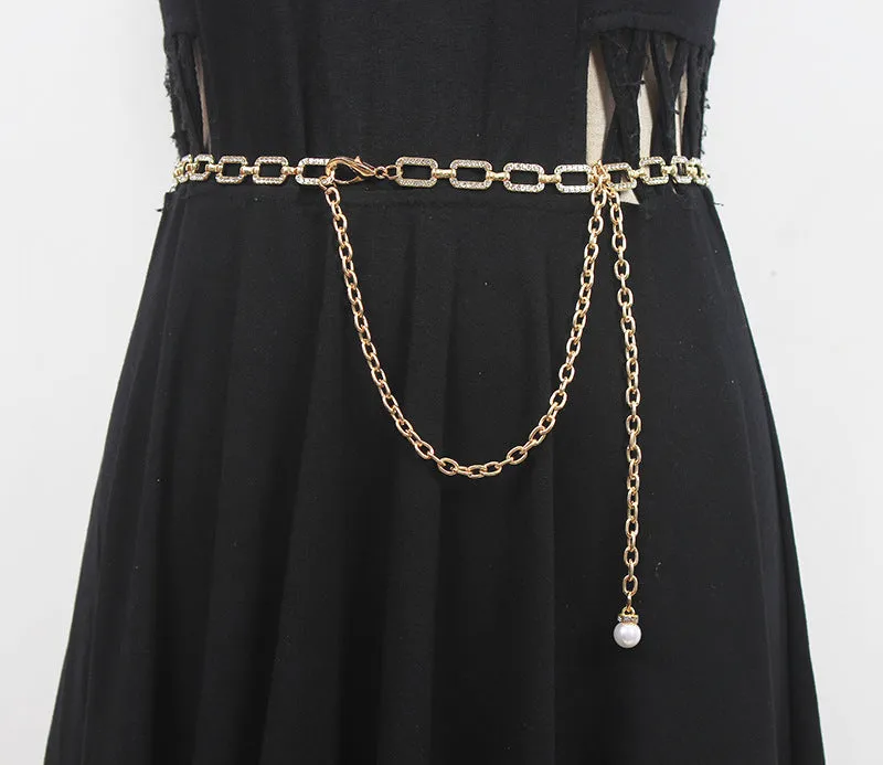 Fashion Versatile Women's Waist Chain Thin Metal Rhinestone Chain Belt Decoration Summer Matching Skirt Belt