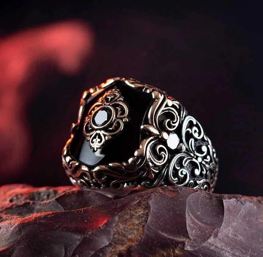 Fleur de Lis Black Onyx Ring, 925k Sterling Gemstone Silver Ring
