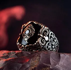 Fleur de Lis Black Onyx Ring, 925k Sterling Gemstone Silver Ring