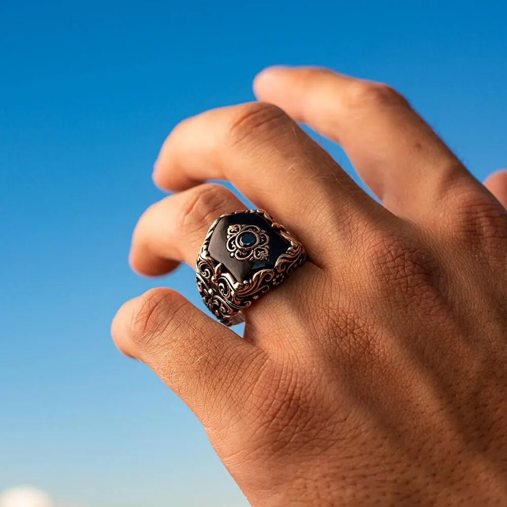 Fleur de Lis Black Onyx Ring, 925k Sterling Gemstone Silver Ring