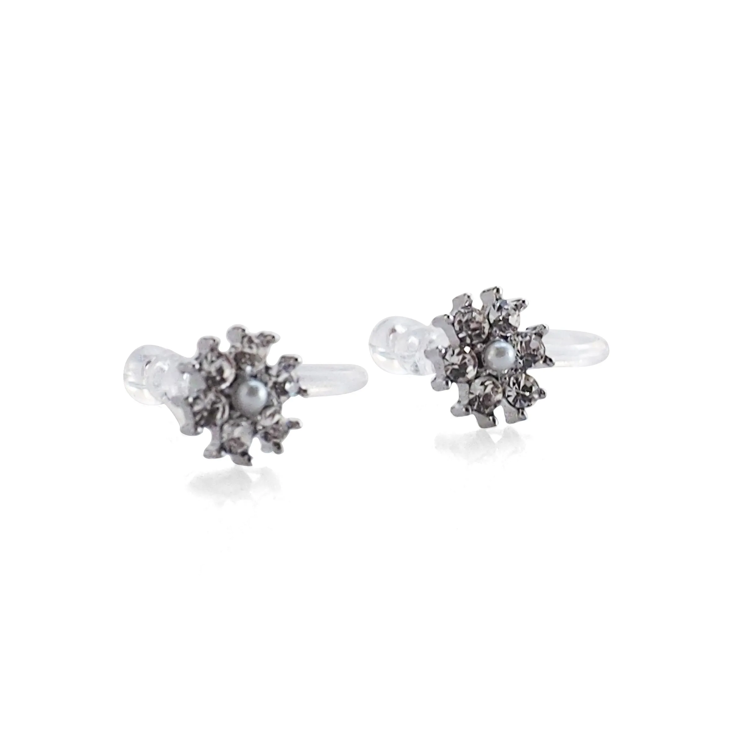 Flower Rhinestone Invisible Clip On Stud Earrings (Silver tone)