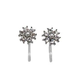 Flower Rhinestone Invisible Clip On Stud Earrings (Silver tone)