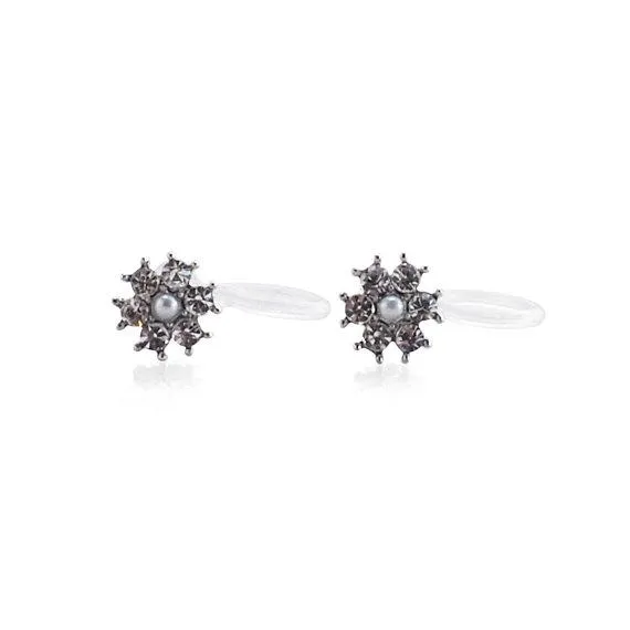 Flower Rhinestone Invisible Clip On Stud Earrings (Silver tone)