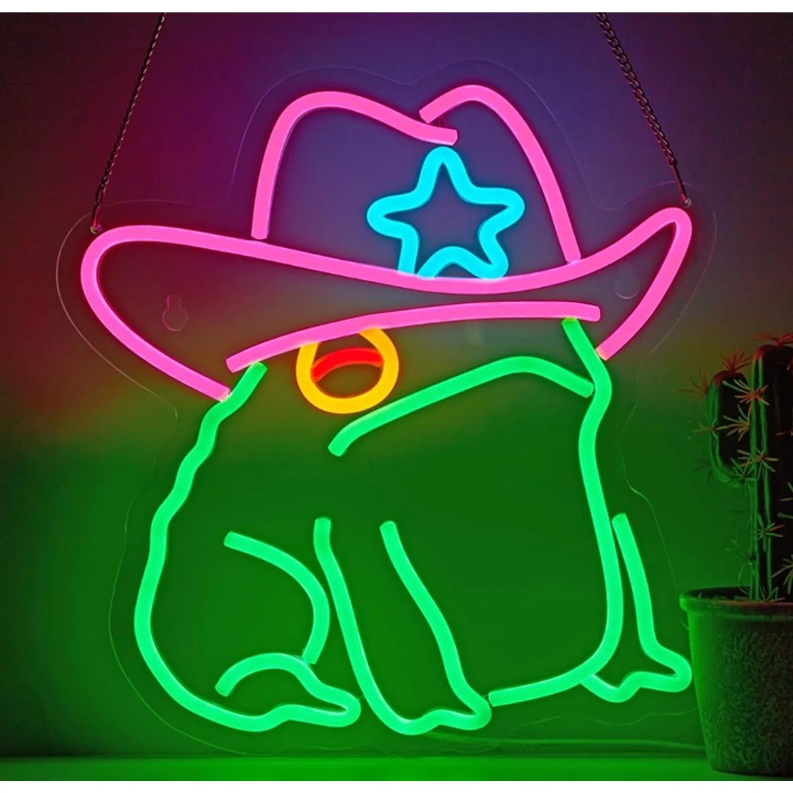 Fun Bright Green Cowgirl Frog with Pink Hat LED Night Light Room Decor