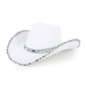 Glam Cowgirl Hat for Adults, White and Silver