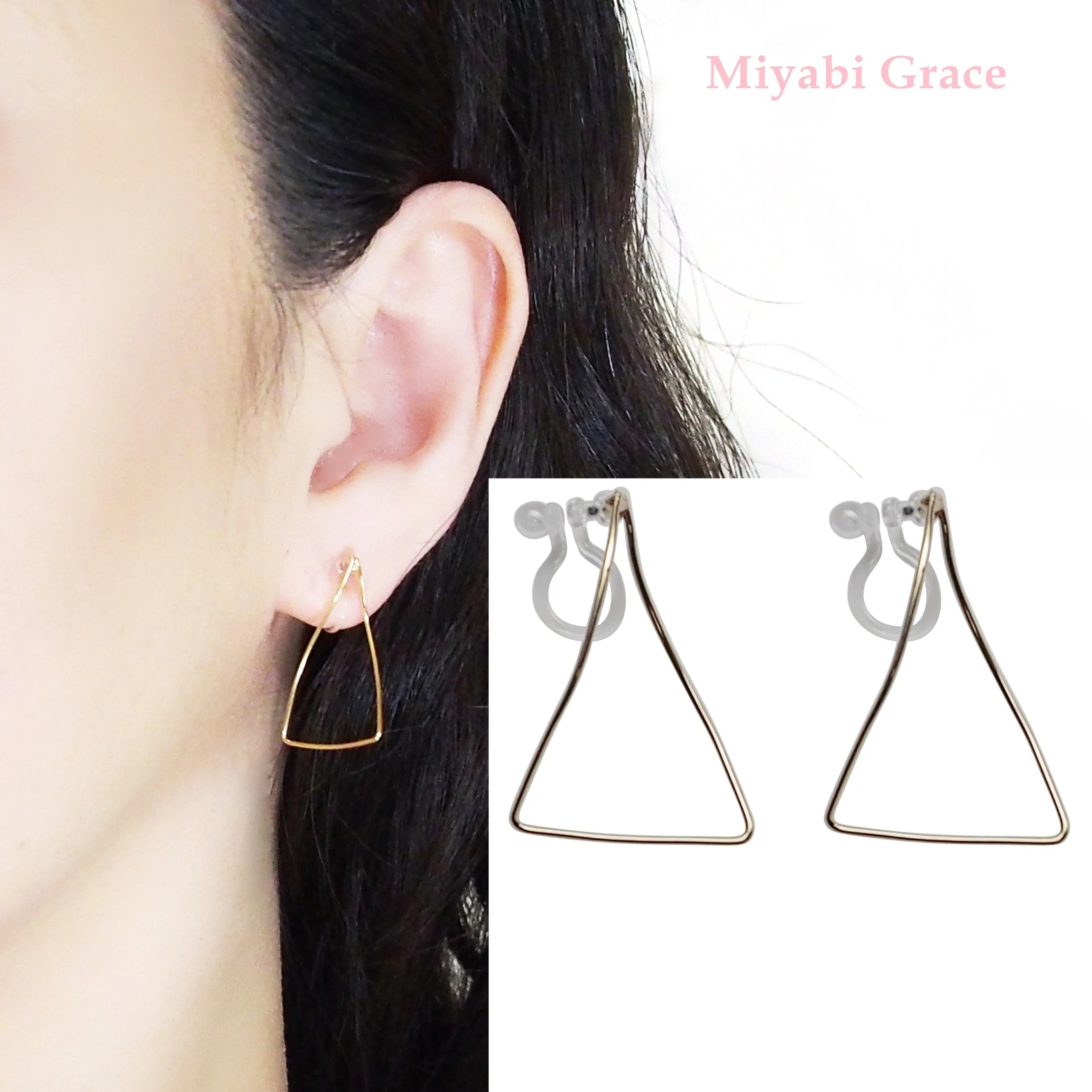 Gold Distorted Triangle Hoops Invisible Clip On Stud Earrings